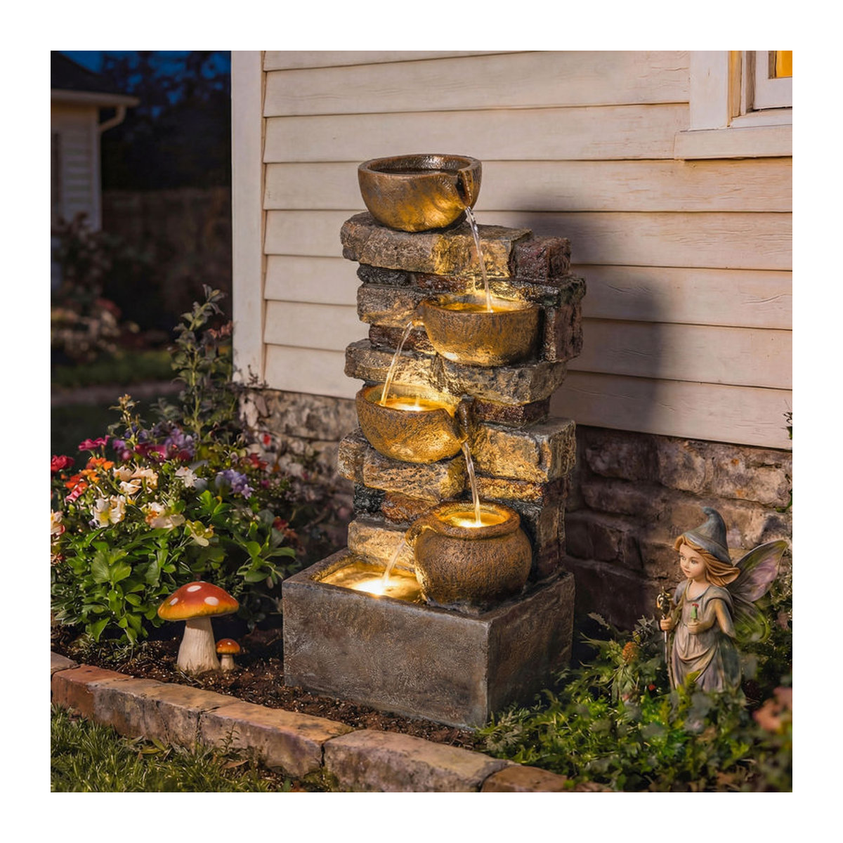 Outsunny 5-stufiger Gartenbrunnen in Steinoptik mit LED-Beleuchtung und Pumpe, braun, H x B x T: 72 x 31 x 25,5 cm - Bild 2