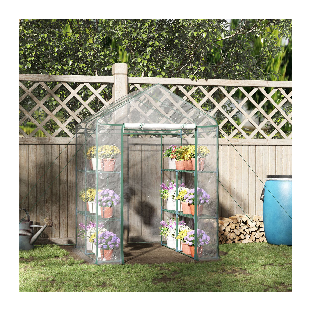 Outsunny Begehbares Foliengewächshaus aus Stahl und Kunststoff mit 6 Regalen, Transparent/Grün, B/H/L: 143 x 195 x 143 cm - Bild 2
