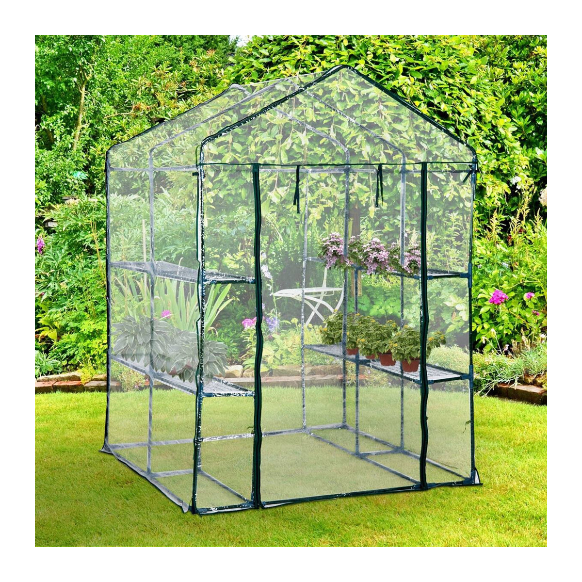 Outsunny Begehbares Foliengewächshaus aus Stahl und Kunststoff mit 6 Regalen, Transparent/Grün, B/H/L: 143 x 195 x 143 cm - Bild 5