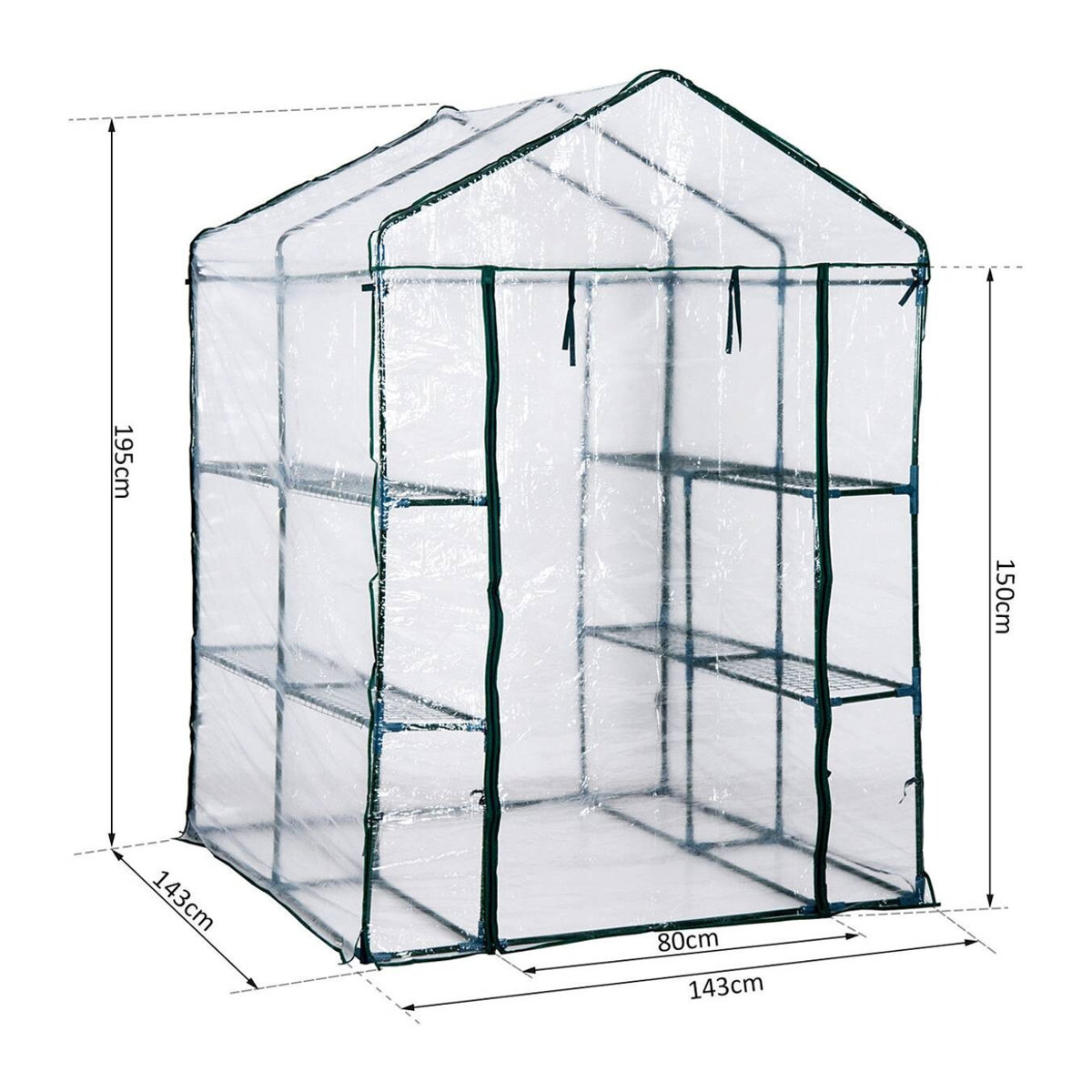Outsunny Begehbares Foliengewächshaus aus Stahl und Kunststoff mit 6 Regalen, Transparent/Grün, B/H/L: 143 x 195 x 143 cm - Bild 6