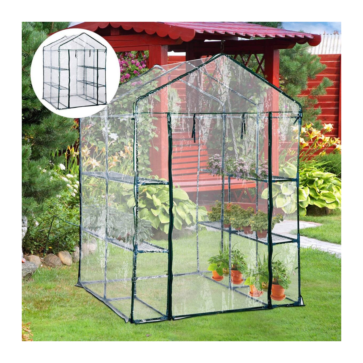 Outsunny Begehbares Foliengewächshaus aus Stahl und Kunststoff mit 6 Regalen, Transparent/Grün, B/H/L: 143 x 195 x 143 cm - Bild 7