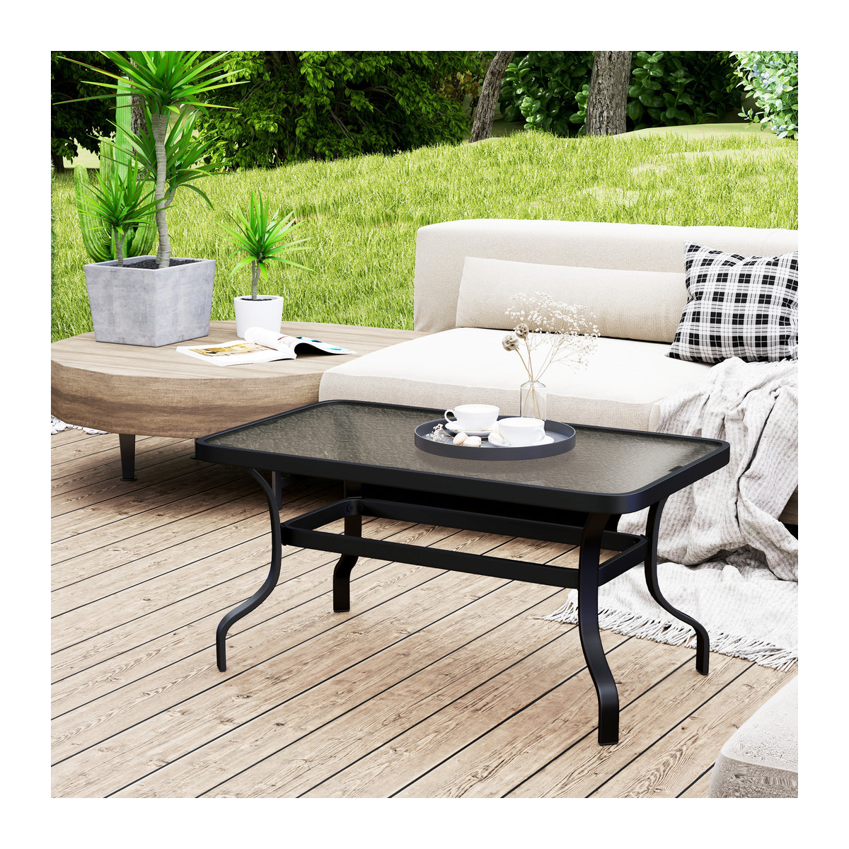 Outsunny Beistelltisch mit Wellendesign aus Glas und Metall in Schwarz, B/T/H: 55 x 55 x 46 cm - Bild 2
