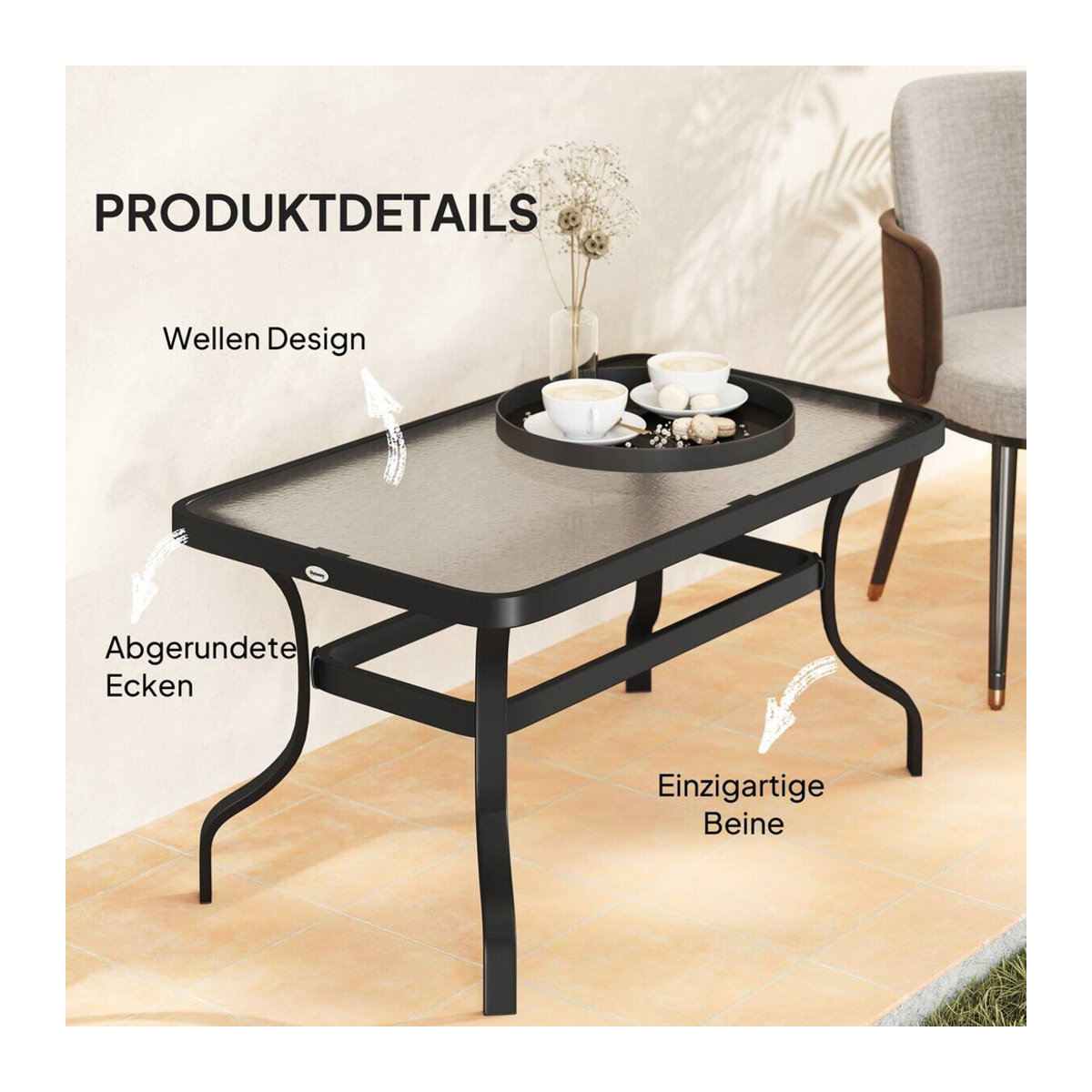 Outsunny Beistelltisch mit Wellendesign aus Glas und Metall in Schwarz, B/T/H: 55 x 55 x 46 cm - Bild 3