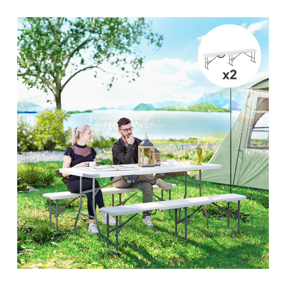 Outsunny Bierbank klappbar weiß aus Metall und Kunststoff, B/H/L: 182 x 28 x 42 cm - Bild 1