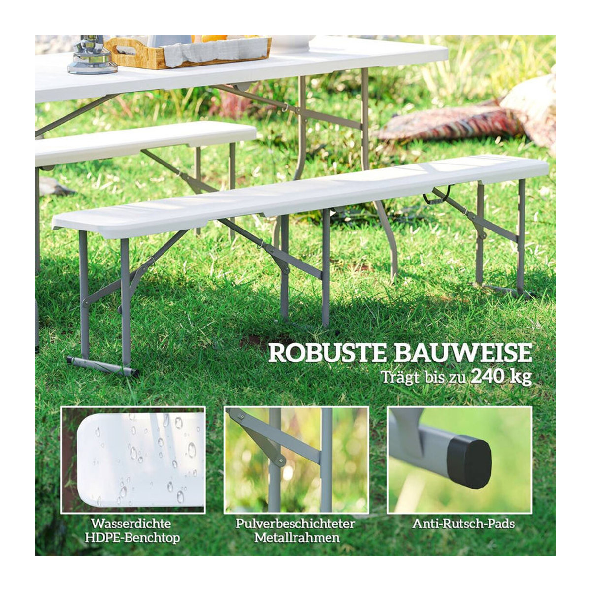 Outsunny Bierbank klappbar weiß aus Metall und Kunststoff, B/H/L: 182 x 28 x 42 cm - Bild 2