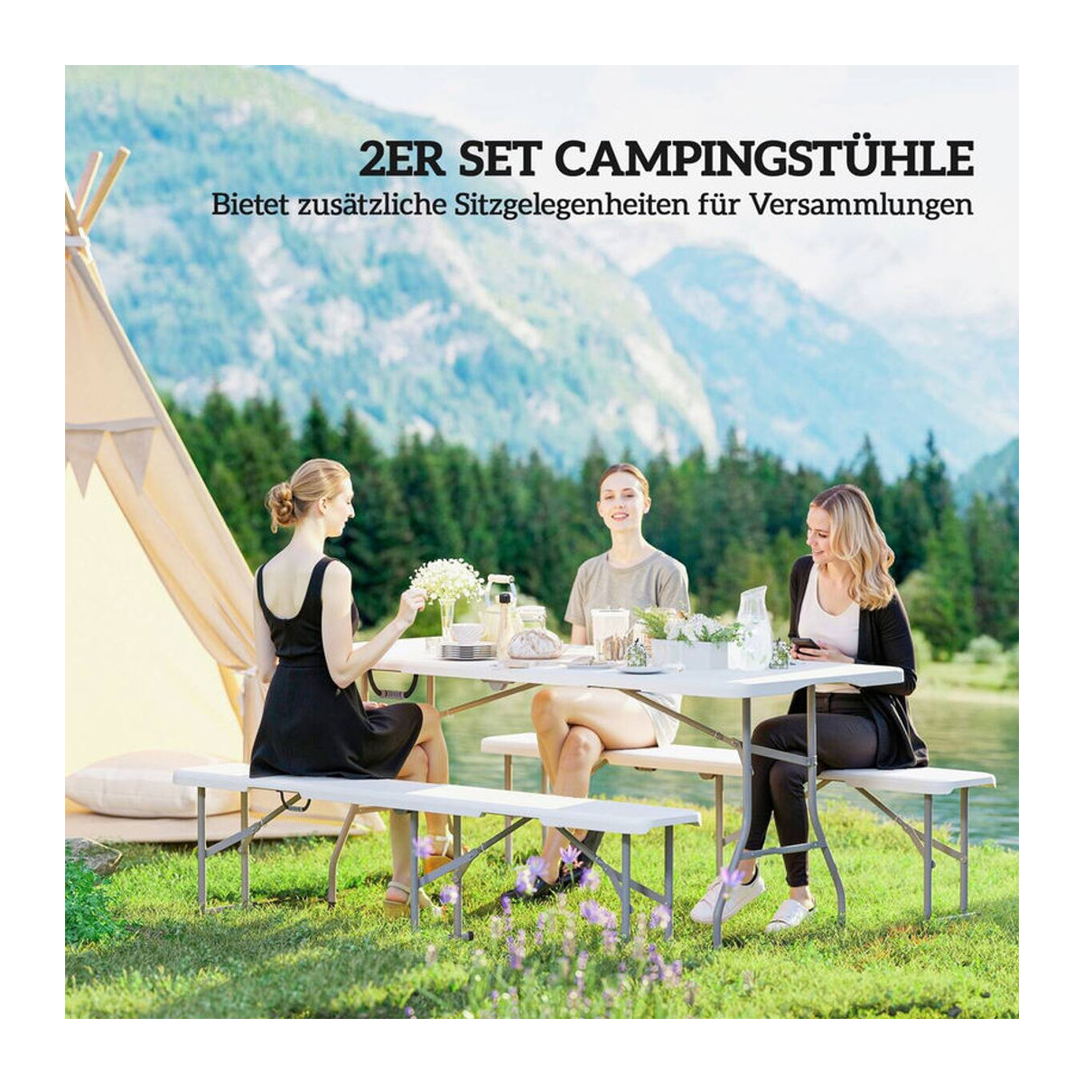 Outsunny Bierbank klappbar weiß aus Metall und Kunststoff, B/H/L: 182 x 28 x 42 cm - Bild 3