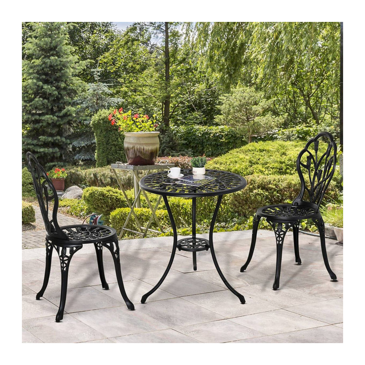 Outsunny Bistro-Set aus Metall und Aluminium in Schwarz, 3-teiliges klassisches Gartenmöbel-Set, B/T/H: 60 x 60 x 67 cm - Bild 2