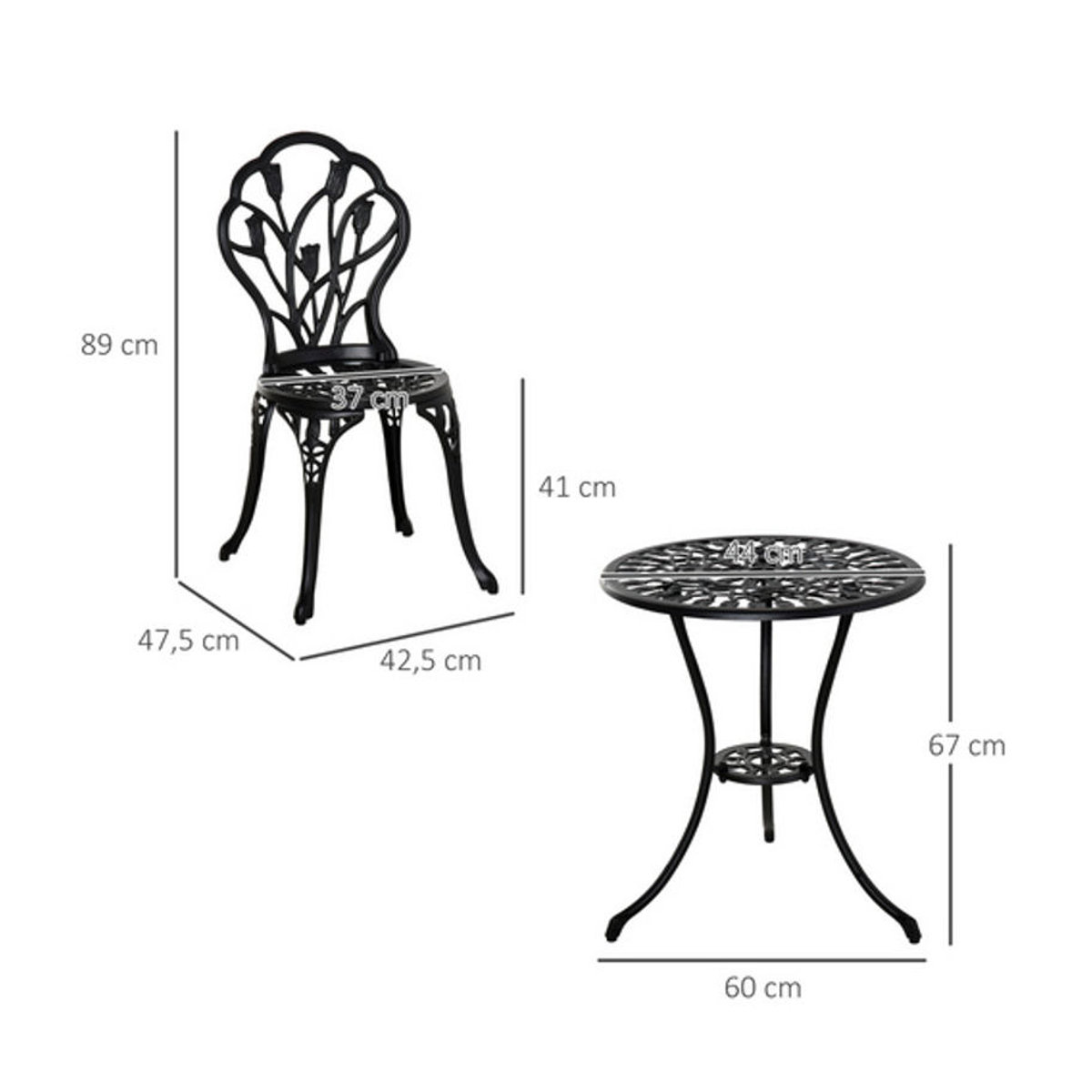 Outsunny Bistro-Set aus Metall und Aluminium in Schwarz, 3-teiliges klassisches Gartenmöbel-Set, B/T/H: 60 x 60 x 67 cm - Bild 5