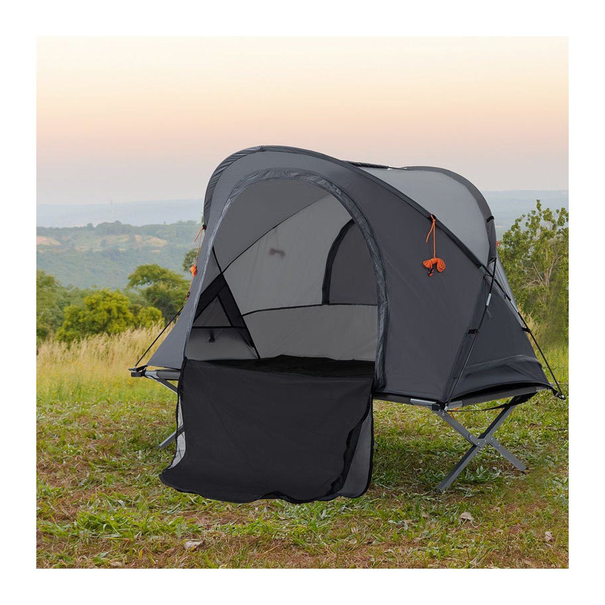 Outsunny Campingbett mit Kuppelzelt und Luftmatratze für 1 Person, erhöhtes Feldbett inklusive Tragetasche, Grau, B/H/L: 86 x 147 x 200 cm - Bild 2
