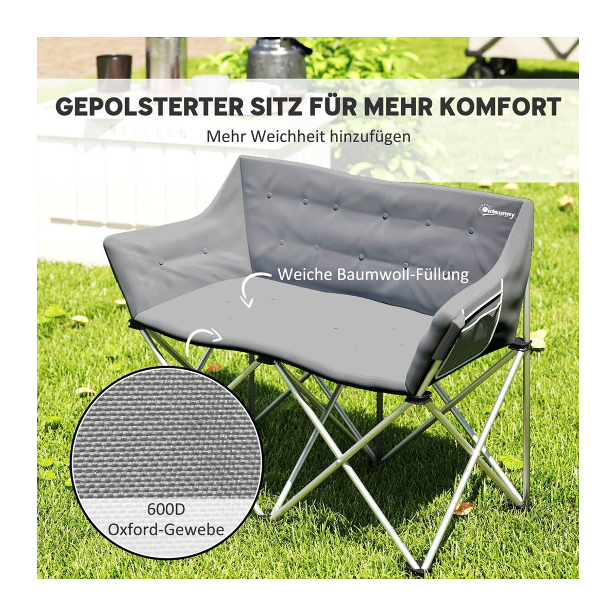 Outsunny Campingstuhl 2 Sitzer grau mit Metallgestell B/H/T: 57 x 95 x 120 cm - Bild 4