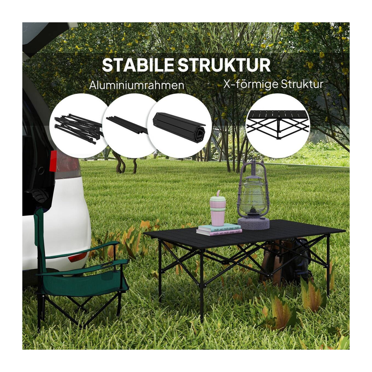 Outsunny Campingtisch aus Aluminium mit Aufrollbarer Tischplatte und X-Rahmen, Schwarz, B: 55 cm, T: 55 cm, H: 95 cm - Bild 3