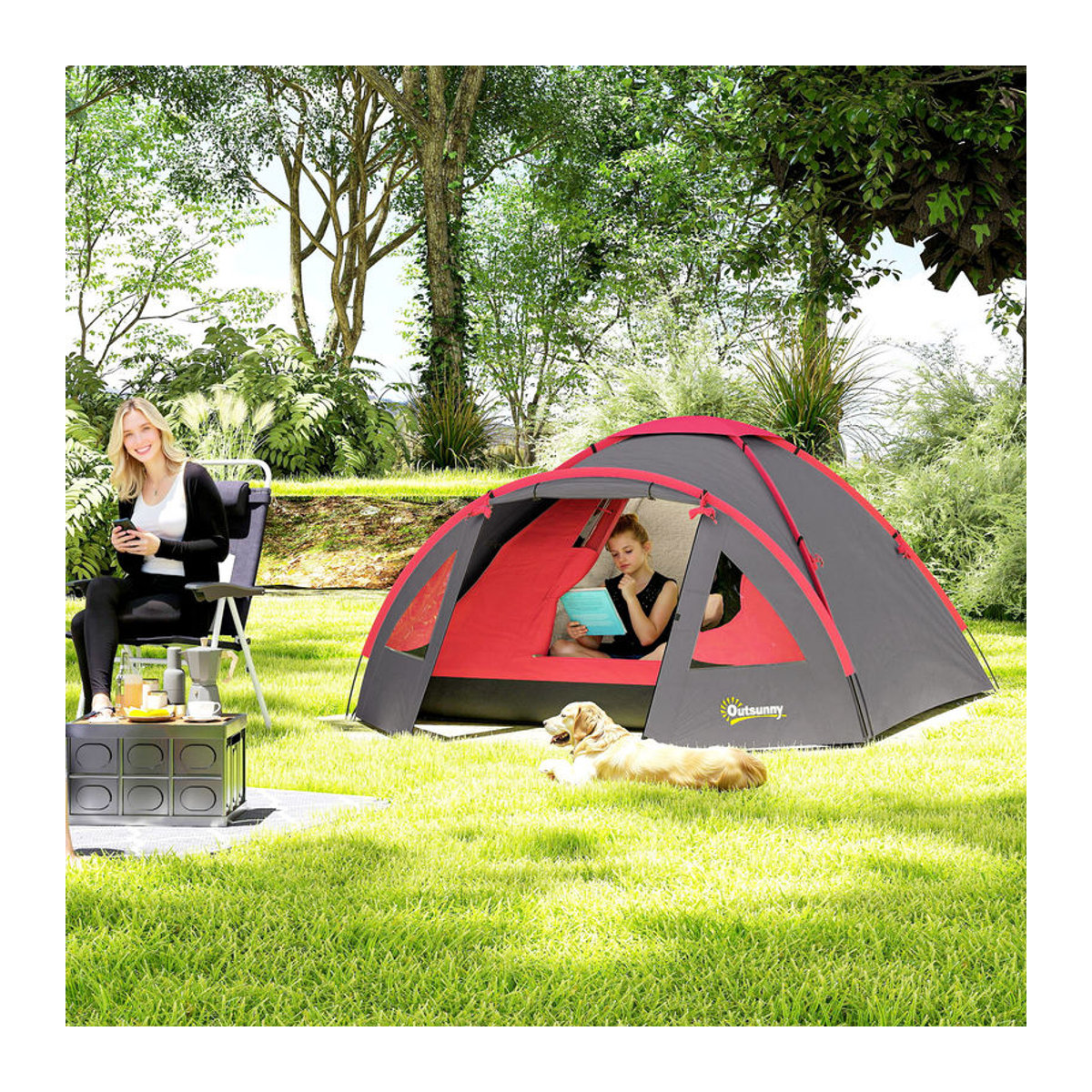 Outsunny Campingzelt für 3 Personen in Grau, wasserdichtes Kuppelzelt mit Vordach und UV-Schutz, B/H/L: 215 x 130 x 315 cm - Bild 2