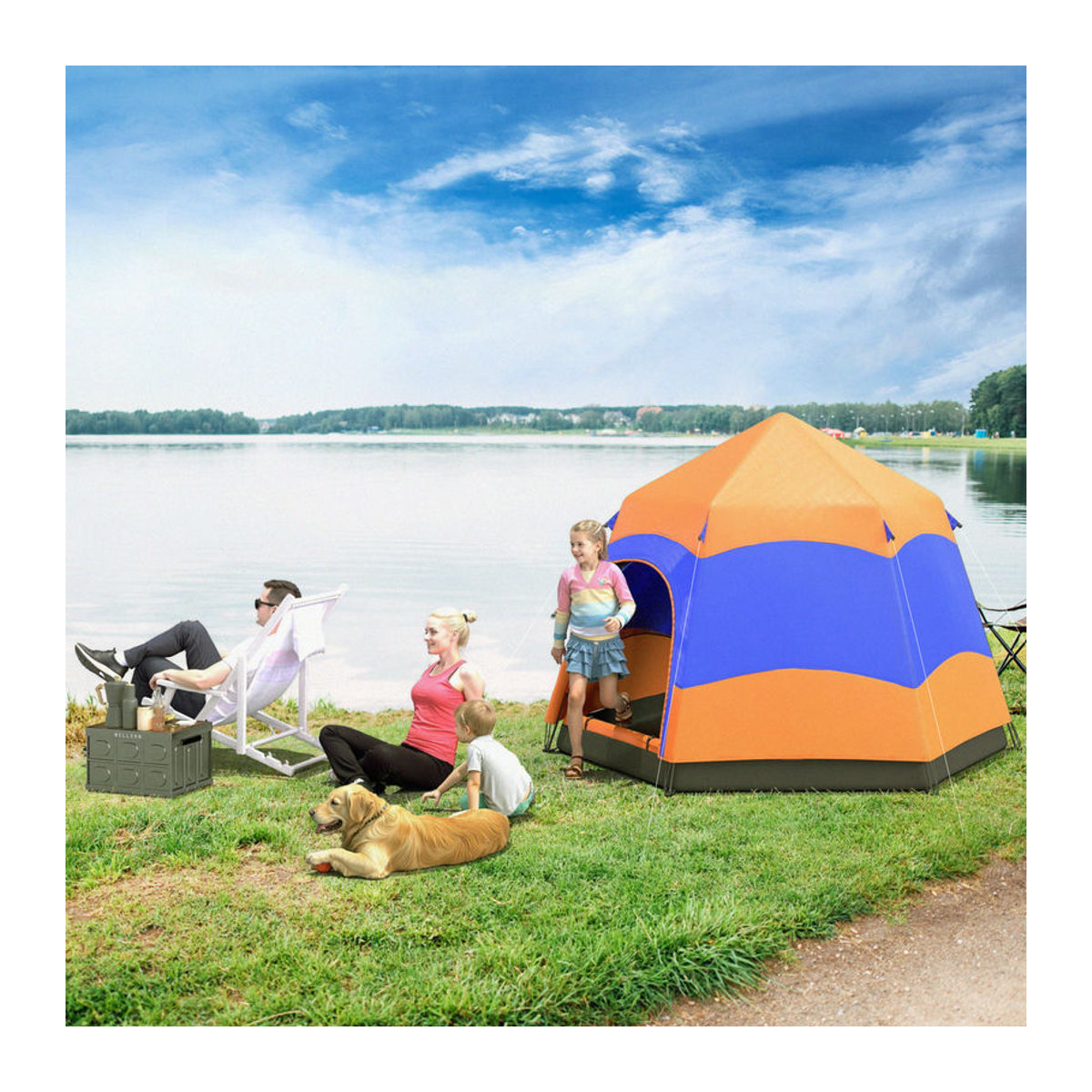 Outsunny Campingzelt für 4–6 Personen, Instant-Pop-Up-Familienzelt mit Regenschutz, Moskitonetz und 2 Türen, orange/blau - Bild 2