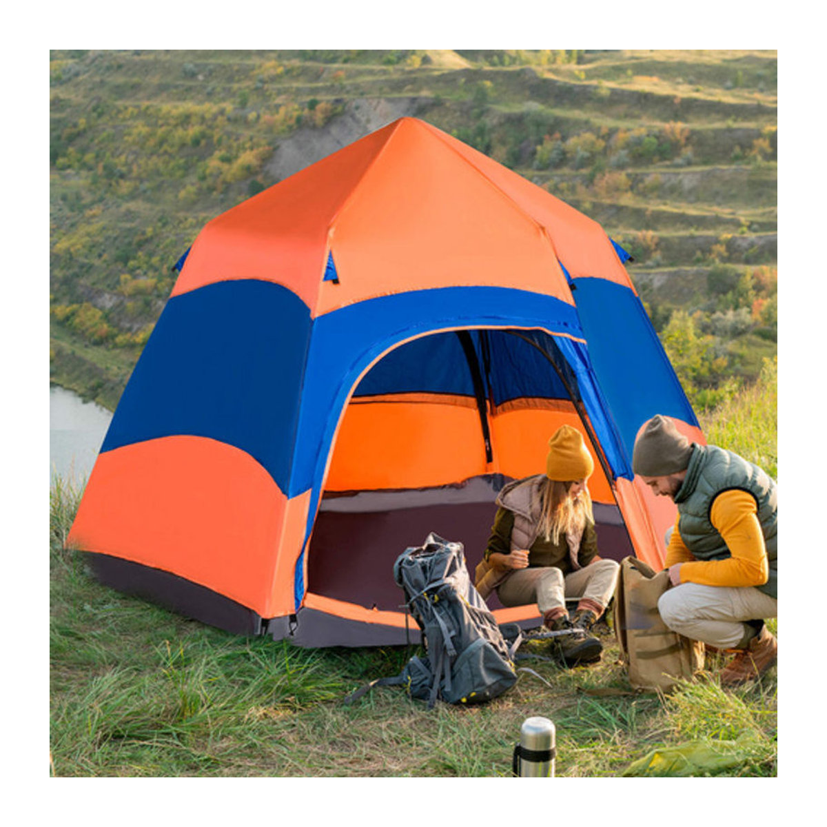 Outsunny Campingzelt für 4–6 Personen, Instant-Pop-Up-Familienzelt mit Regenschutz, Moskitonetz und 2 Türen, orange/blau - Bild 5