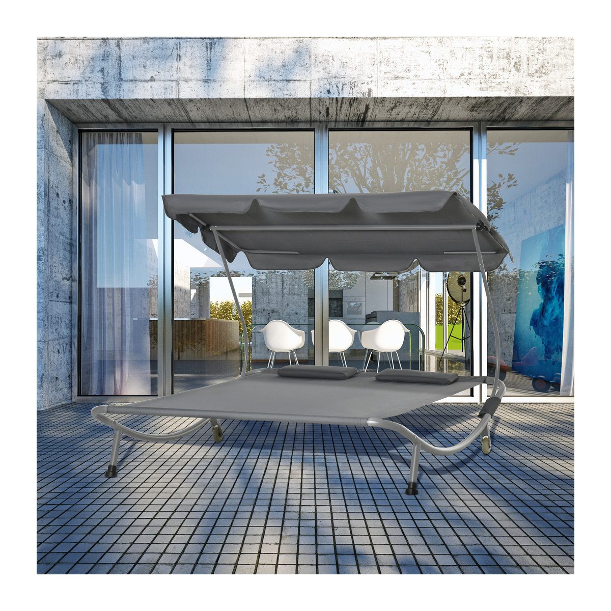 Outsunny Doppelliege mit Dach, moderne Gartenliege aus Stahl und Polyester, Grau, B/T/H: 170 x 200 x 134 cm - Bild 2