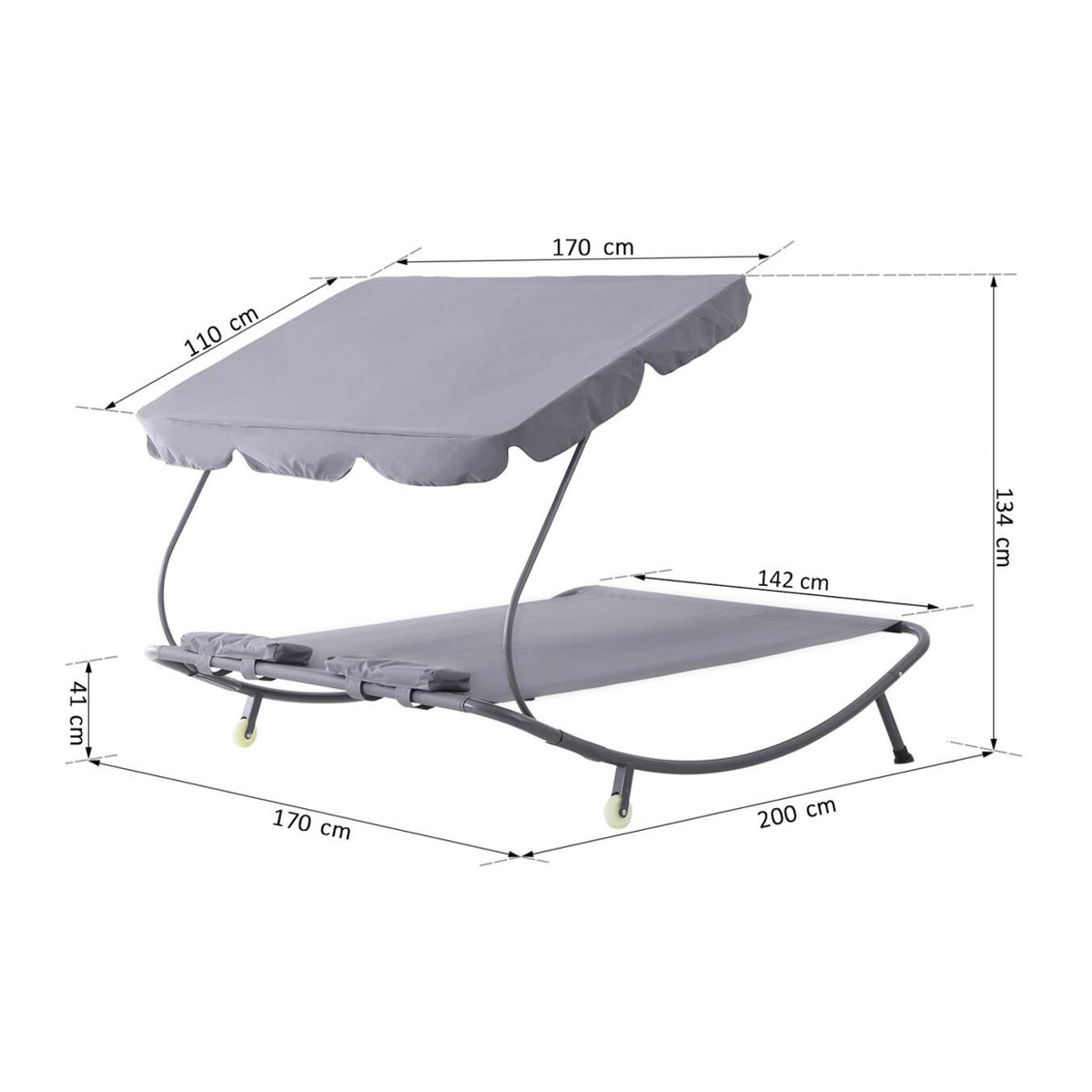 Outsunny Doppelliege mit Dach, moderne Gartenliege aus Stahl und Polyester, Grau, B/T/H: 170 x 200 x 134 cm - Bild 4