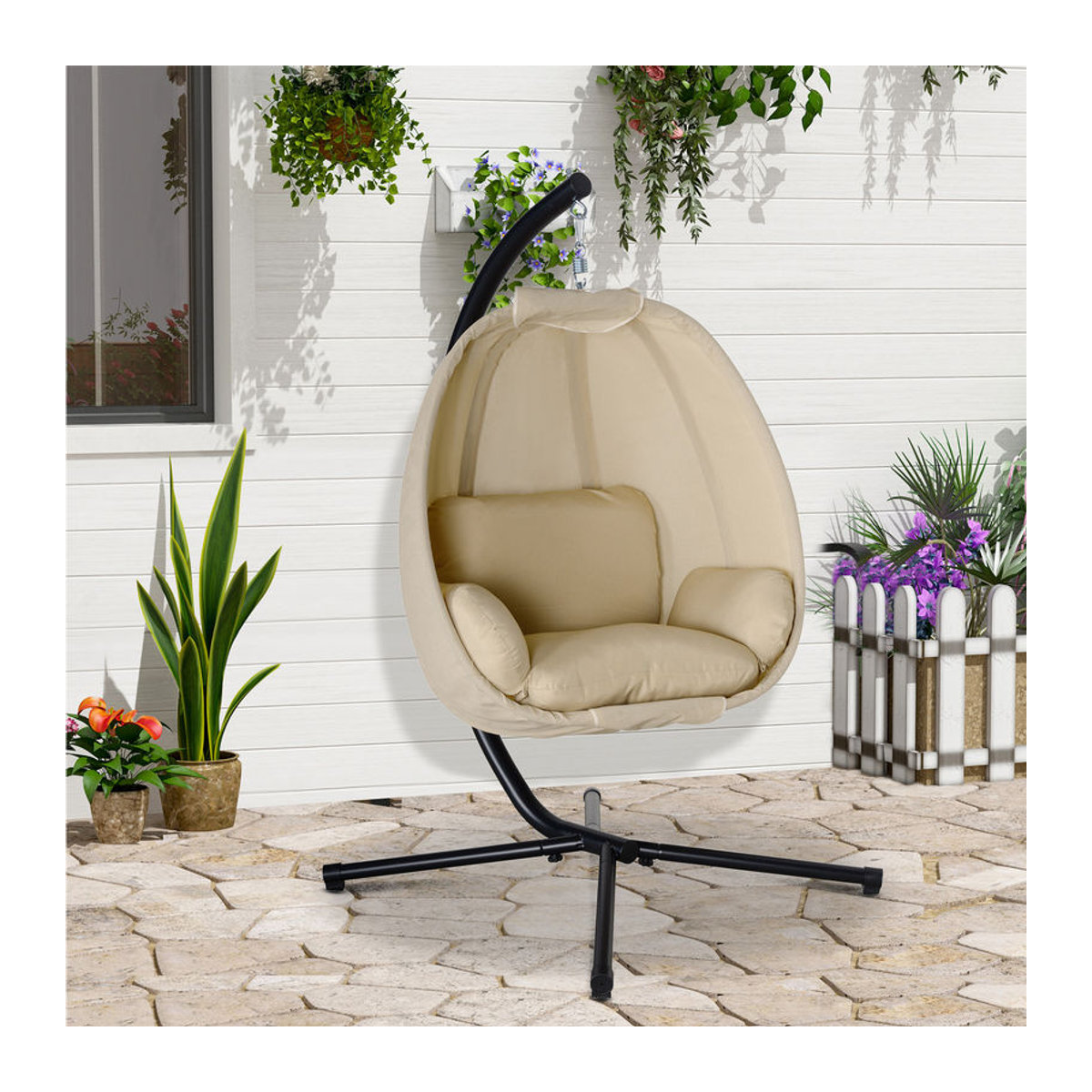 Outsunny Eiförmiger Hängesessel für den Außenbereich und Innenbereich, Schaukelstuhl aus Polyester und Metall, Beige/Schwarz, B/H/T: 95 x 170 x 125 cm - Bild 2