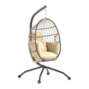 Outsunny Eiförmiger Hängesessel mit Gestell und Becherhalter, faltbare Hängeschaukel mit abnehmbarem waschbarem Sitz, Gartensessel für Terrasse und Garten, Beige