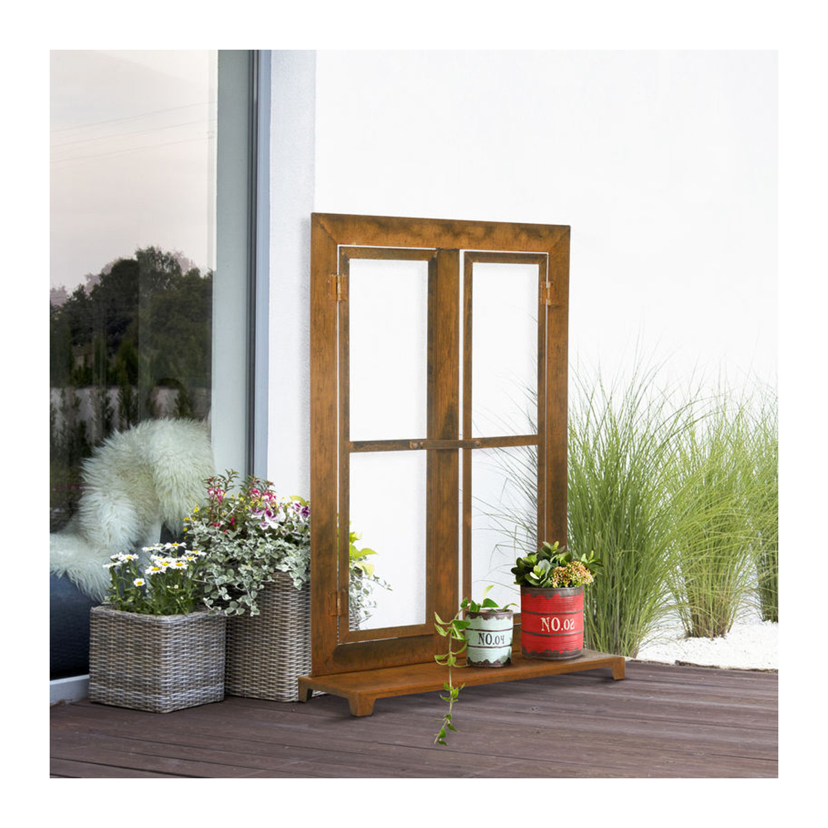 Outsunny Eisenfenster Sprossenfenster in Edelrost-Optik mit Schwelle und Riegel, rustikal-braun, B: 55 cm, H: 80 cm - Bild 2