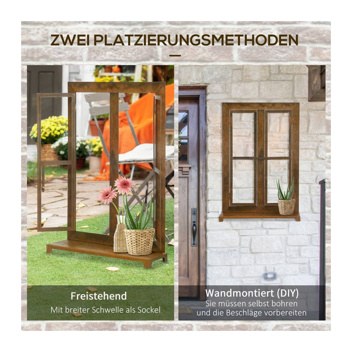 Outsunny Eisenfenster Sprossenfenster in Edelrost-Optik mit Schwelle und Riegel, rustikal-braun, B: 55 cm, H: 80 cm - Bild 3