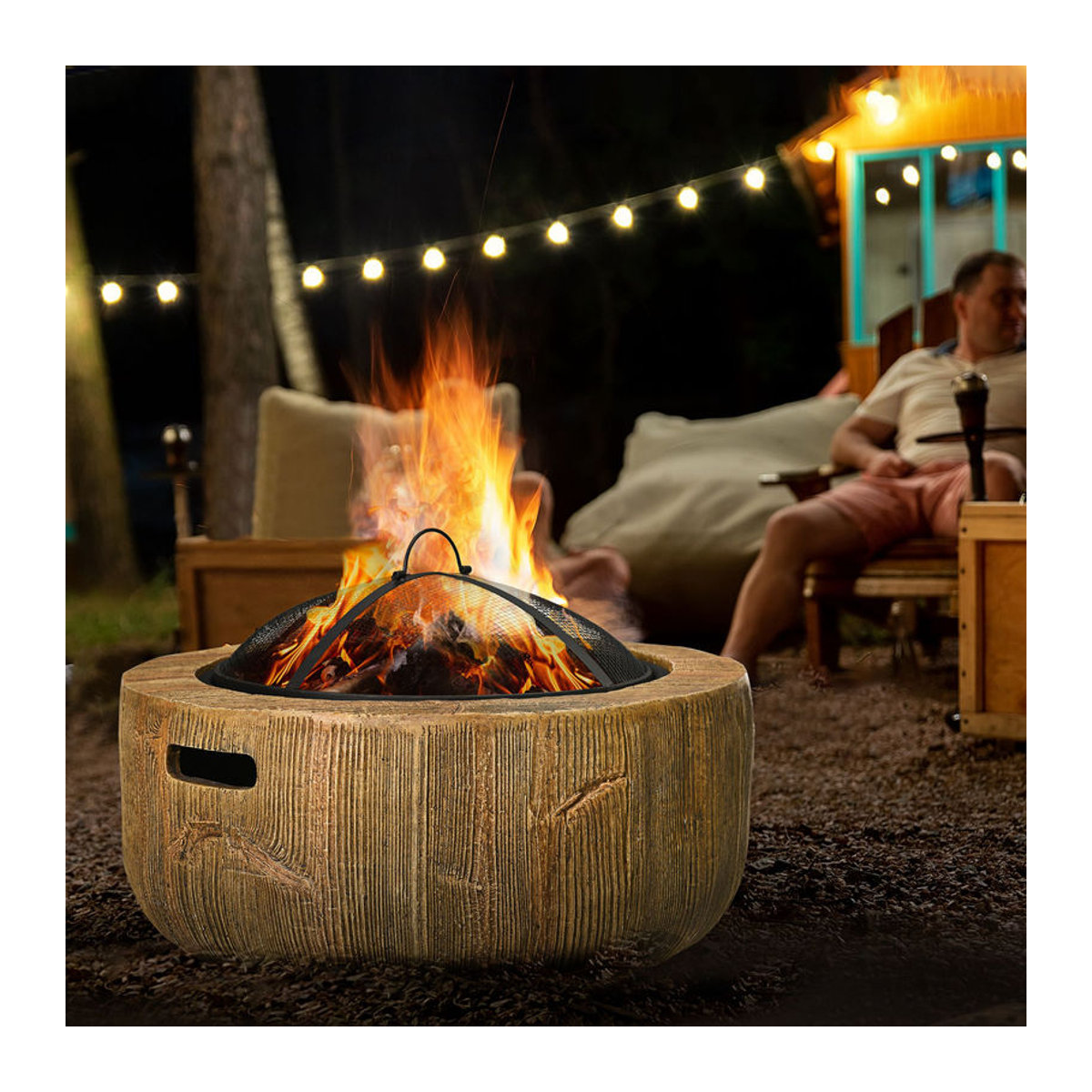 Outsunny Feuerschale im Baumstumpf-Design mit Deckel und Schürhaken aus Stahl in Braun, B/H/L: 61,5 x 39 x 61,5 cm - Bild 2