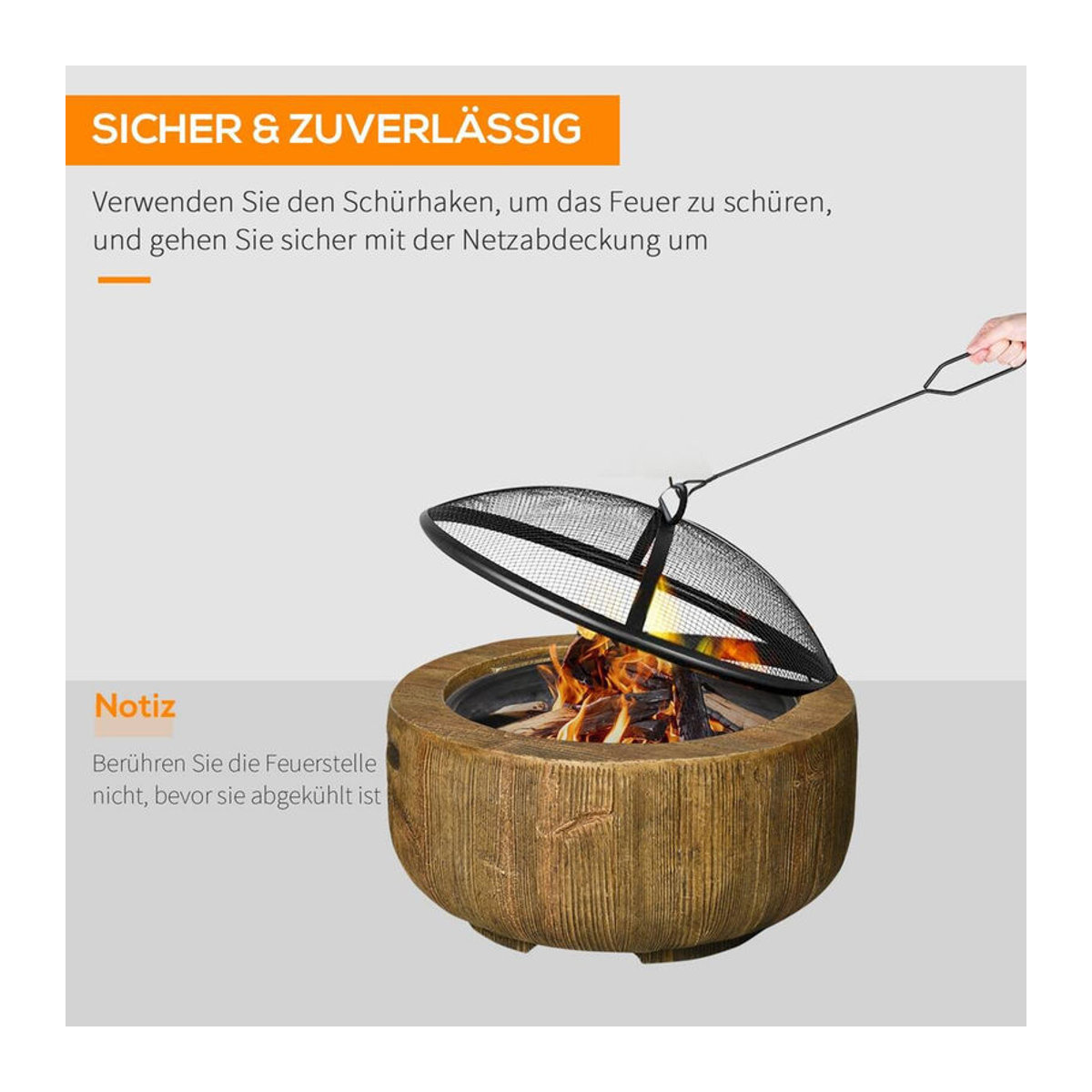 Outsunny Feuerschale im Baumstumpf-Design mit Deckel und Schürhaken aus Stahl in Braun, B/H/L: 61,5 x 39 x 61,5 cm - Bild 4