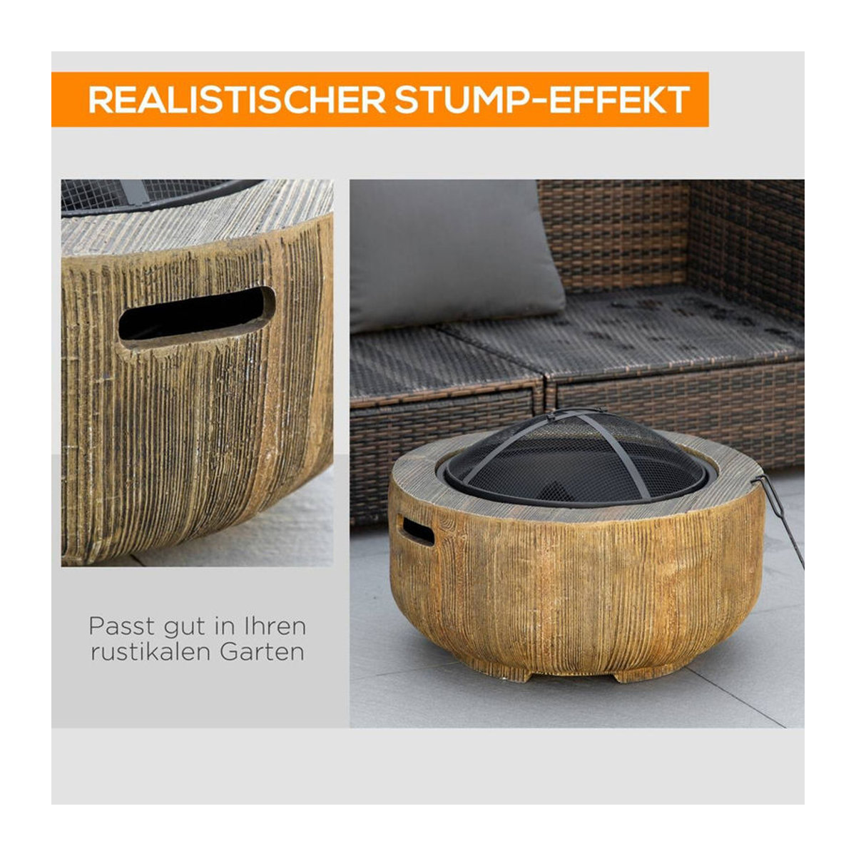 Outsunny Feuerschale im Baumstumpf-Design mit Deckel und Schürhaken aus Stahl in Braun, B/H/L: 61,5 x 39 x 61,5 cm - Bild 5