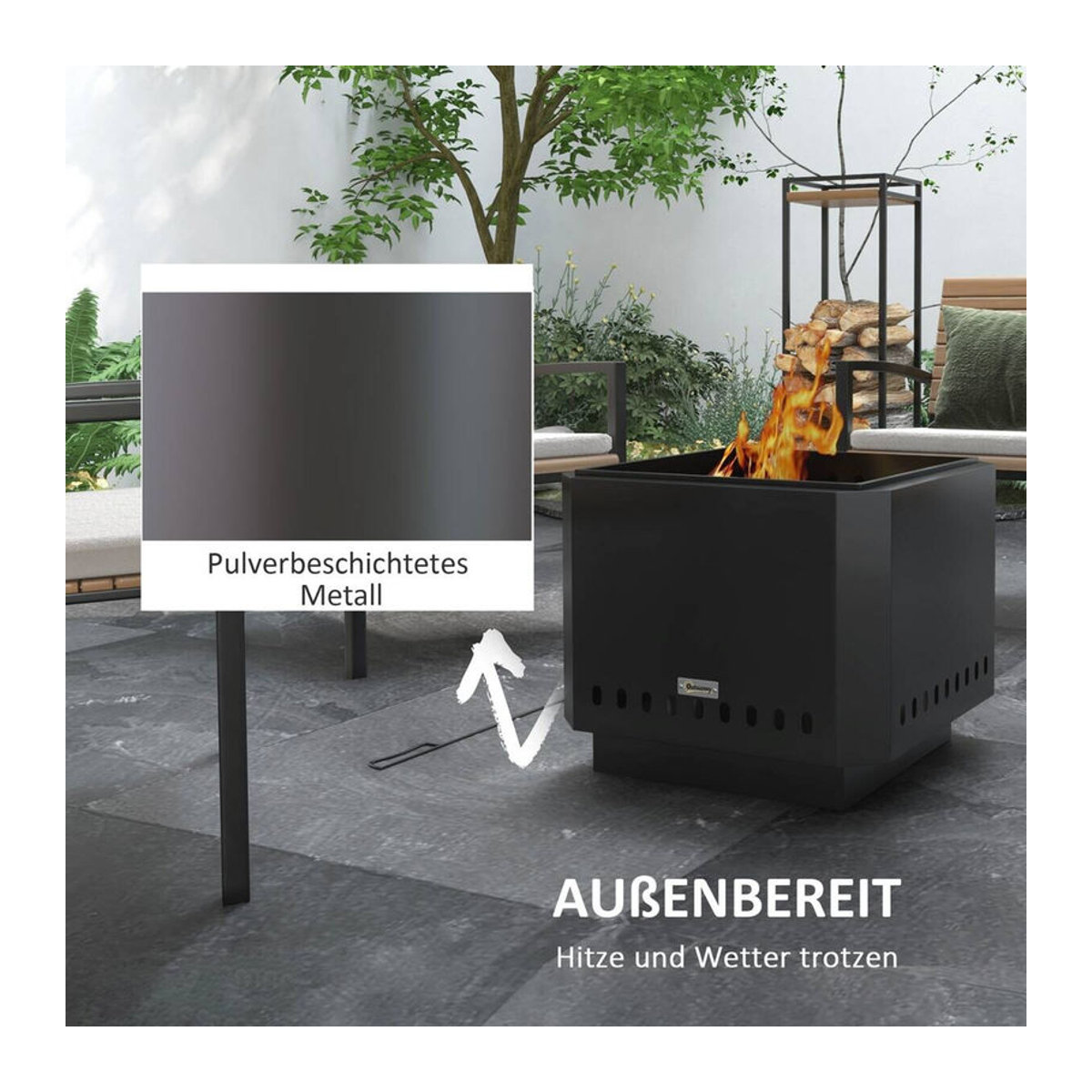 Outsunny Feuerschale quadratisch aus Metall in Schwarz mit Schürhaken für Garten, Camping und Terrasse - Bild 3