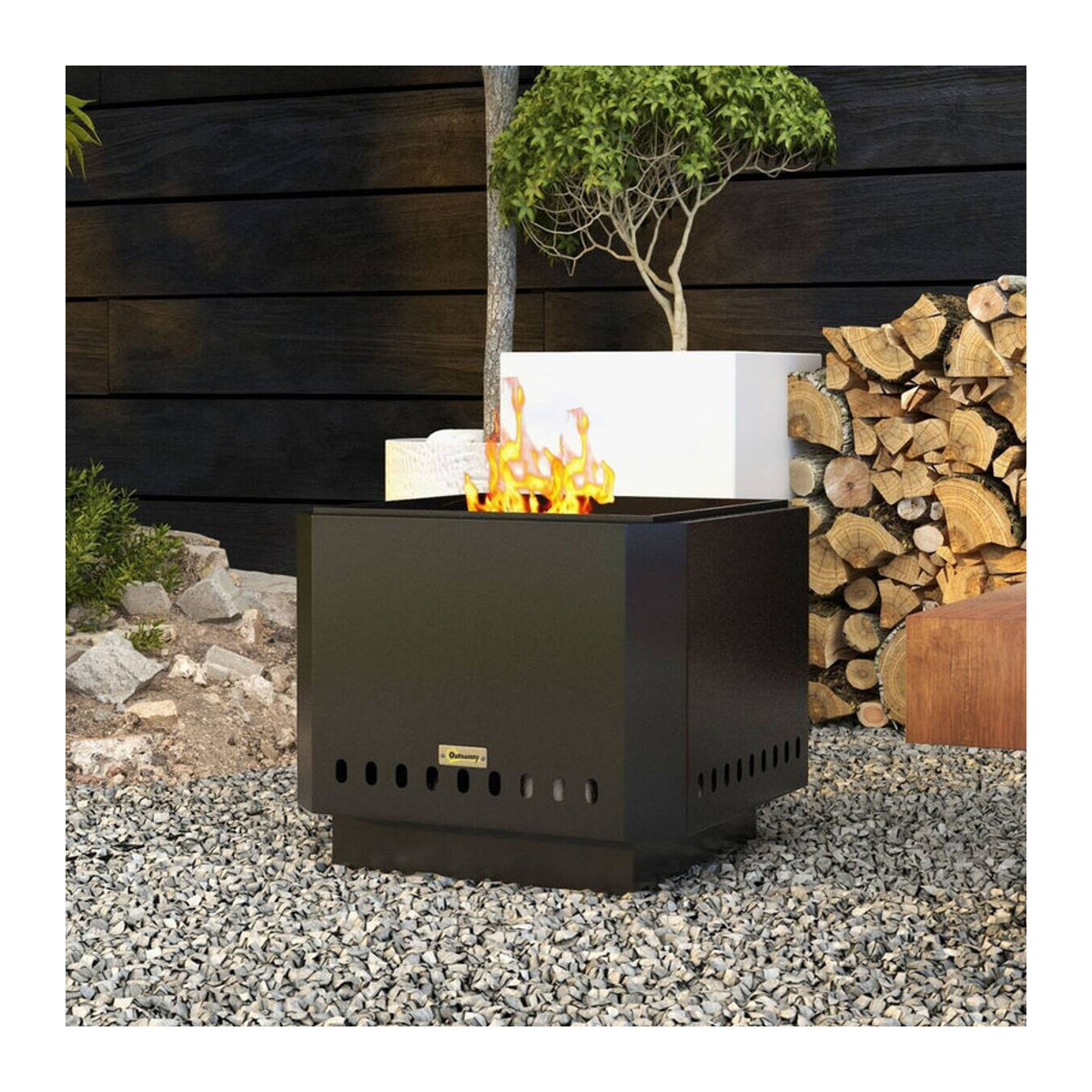 Outsunny Feuerschale quadratisch aus Metall in Schwarz mit Schürhaken für Garten, Camping und Terrasse - Bild 4