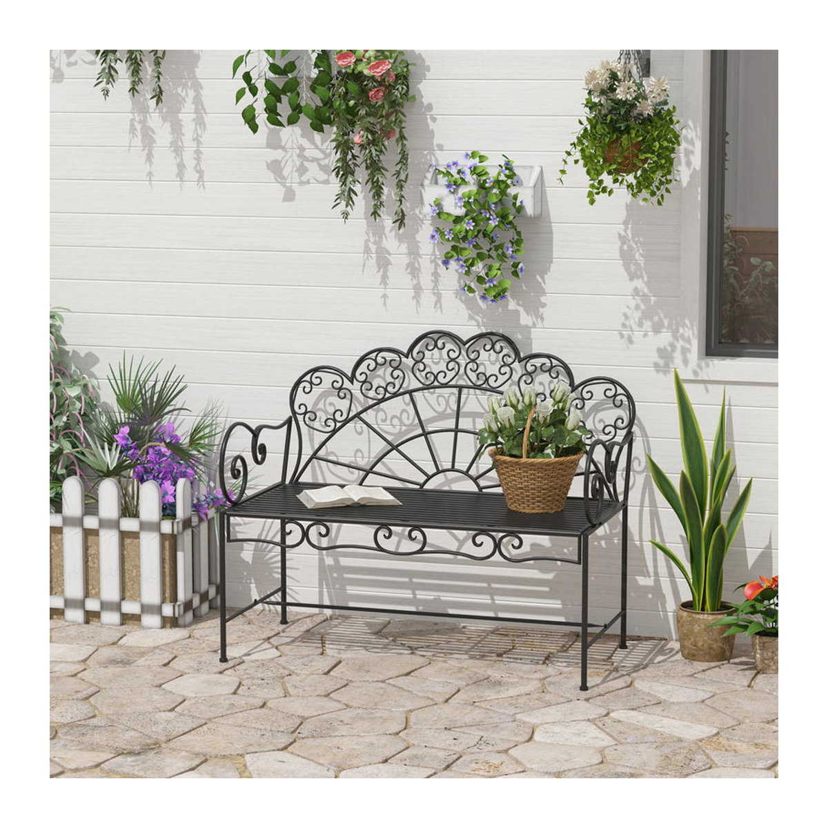 Outsunny Gartenbank 2-Sitzer aus Metall in Schwarz, B/T/H: 107 x 55,5 x 90,5 cm - Bild 2