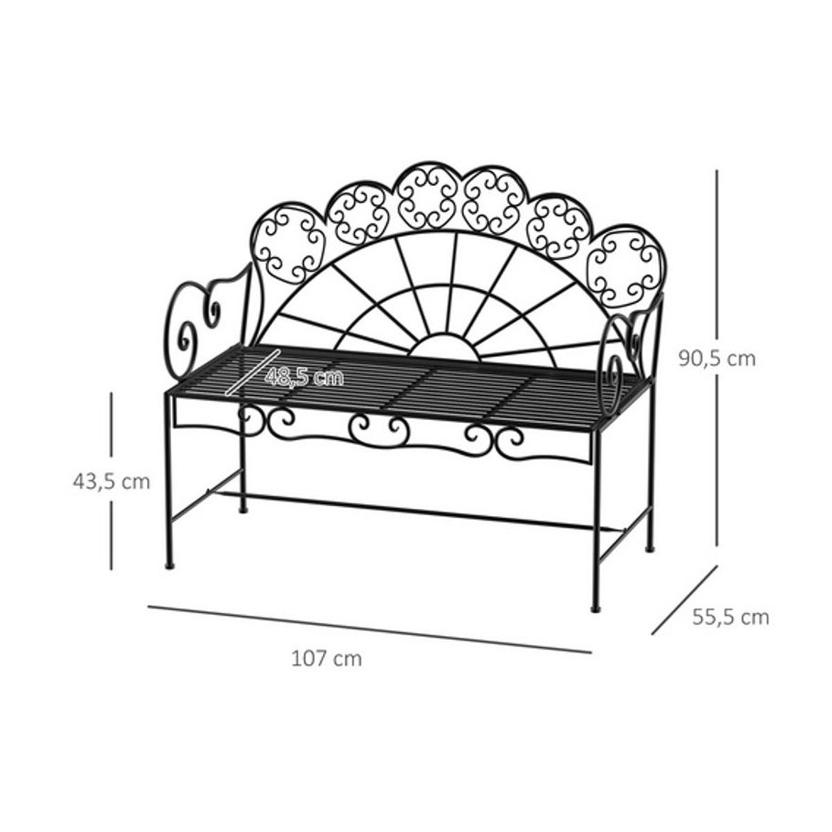 Outsunny Gartenbank 2-Sitzer aus Metall in Schwarz, B/T/H: 107 x 55,5 x 90,5 cm - Bild 3