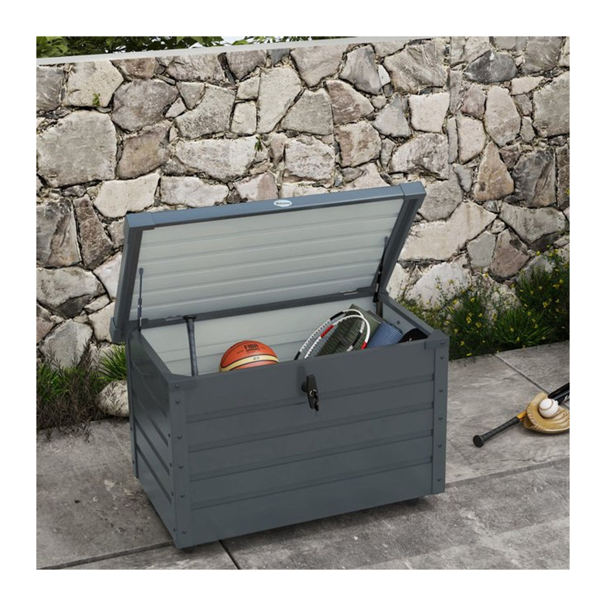 Outsunny Gartenbox Aufbewahrungsbox mit Rollen und Schloss in Dunkelgrau, B/T/H: 100 x 62 x 65 cm - Bild 2