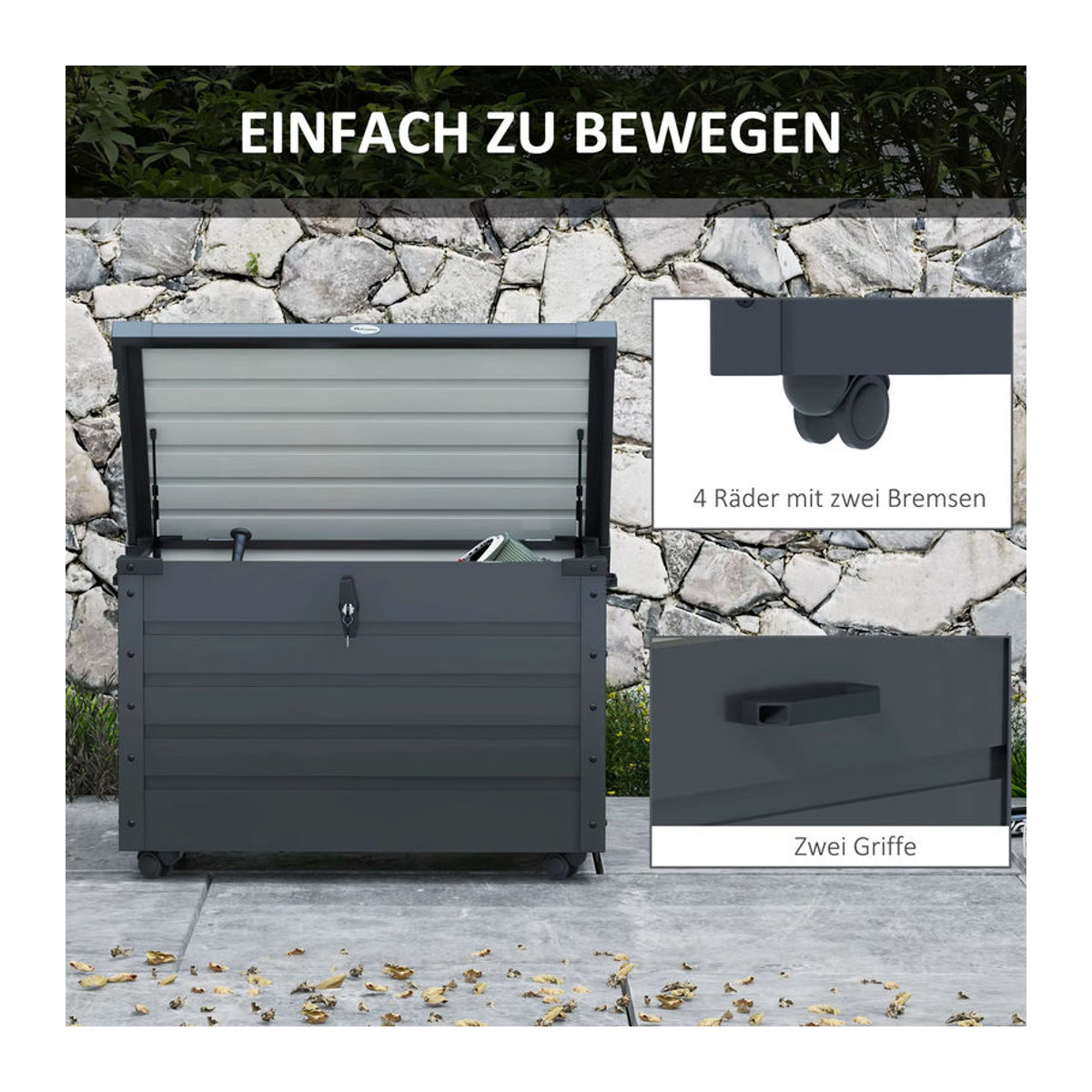 Outsunny Gartenbox Aufbewahrungsbox mit Rollen und Schloss in Dunkelgrau, B/T/H: 100 x 62 x 65 cm - Bild 4