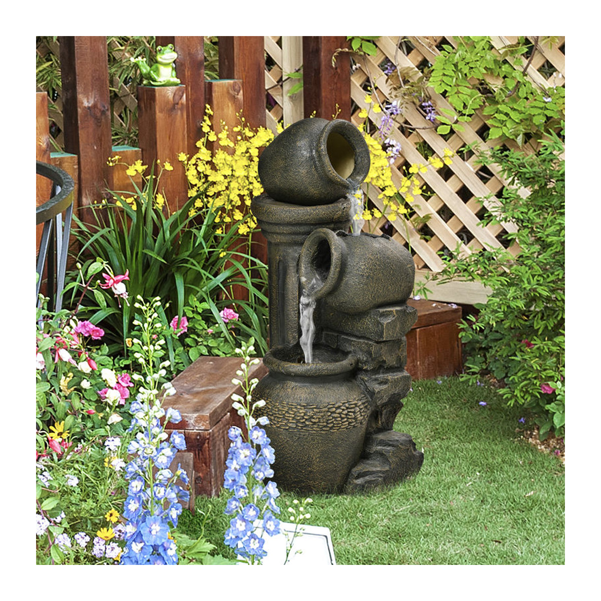Outsunny Gartenbrunnen aus Kunstharz in Grau mit 3 Weinkrügen als Wasserspiel und Wasserfall im Vintage-Design - Bild 2