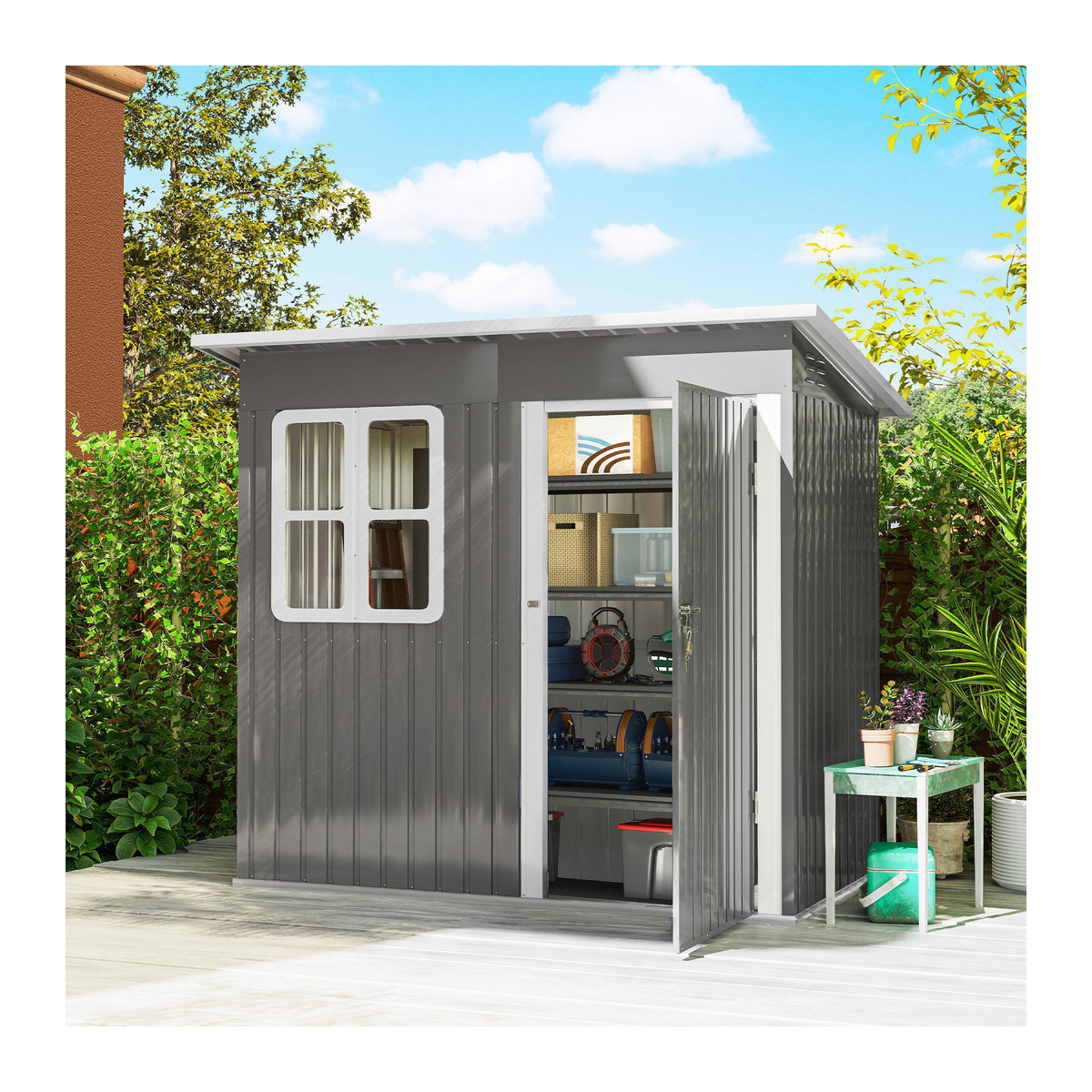 Outsunny Gartenhaus aus Stahl mit Pultdach und Fenster in Anthrazit, B/T/H: 133 x 211 x 190 cm - Bild 2