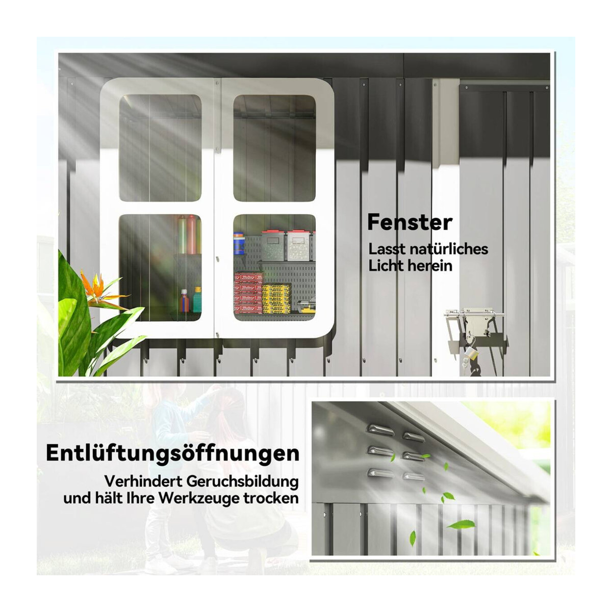 Outsunny Gartenhaus aus Stahl mit Pultdach und Fenster in Anthrazit, B/T/H: 133 x 211 x 190 cm - Bild 5