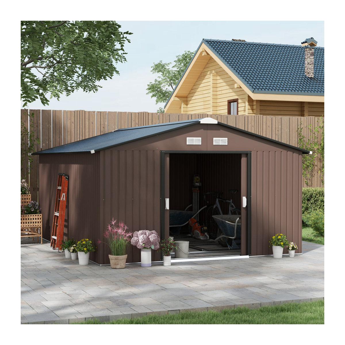 Outsunny Gartenhaus aus verzinktem Stahl mit Pultdach und Schiebetür, Braun, B/T/H: 340 x 386 x 200 cm - Bild 2