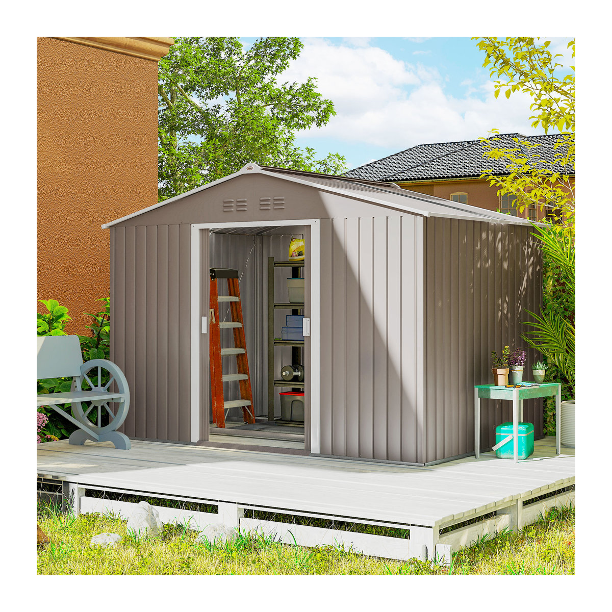 Outsunny Gartenhaus aus verzinktem Stahl mit Satteldach und abschließbarer Schiebetür, Grau, B/T/H: 277 x 195 x 192 cm - Bild 2