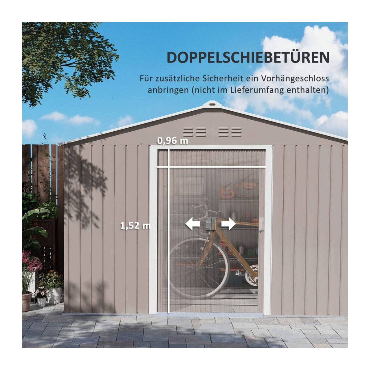 Outsunny Gartenhaus aus verzinktem Stahl mit Satteldach und abschließbarer Schiebetür, Grau, B/T/H: 277 x 195 x 192 cm - Bild 3