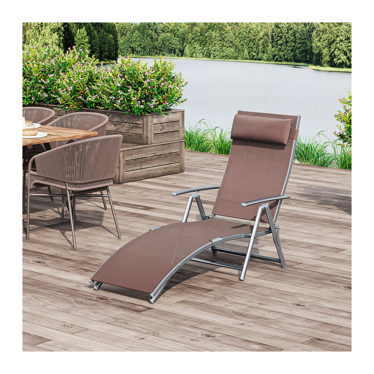 Outsunny Gartenliege aus Metall und Stoff in Braun mit Kissen, klappbare Relaxliege für Garten und Terrasse, B/H/T: 137 x 100,5 x 63,5 cm - Bild 2