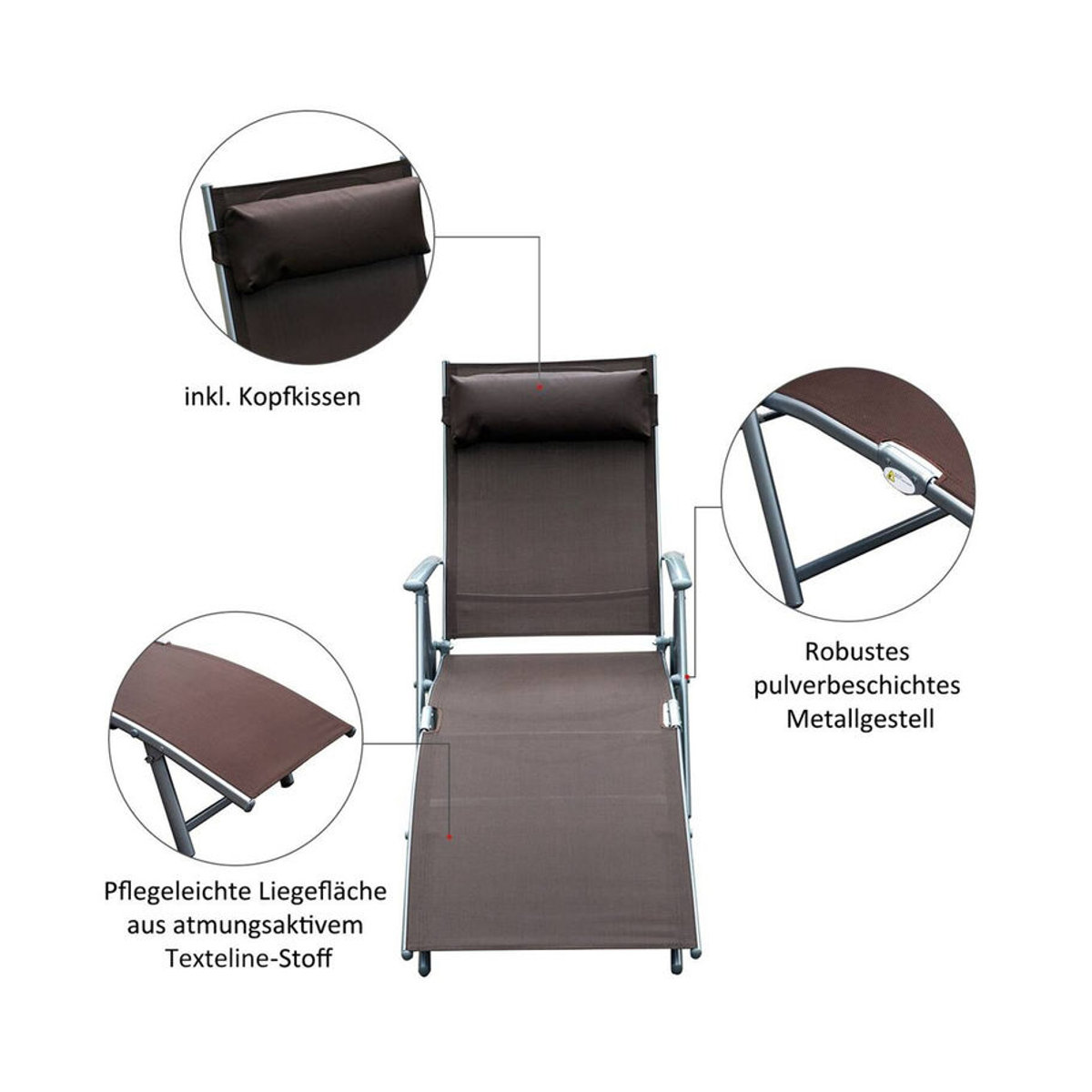 Outsunny Gartenliege aus Metall und Stoff in Braun mit Kissen, klappbare Relaxliege für Garten und Terrasse, B/H/T: 137 x 100,5 x 63,5 cm - Bild 5