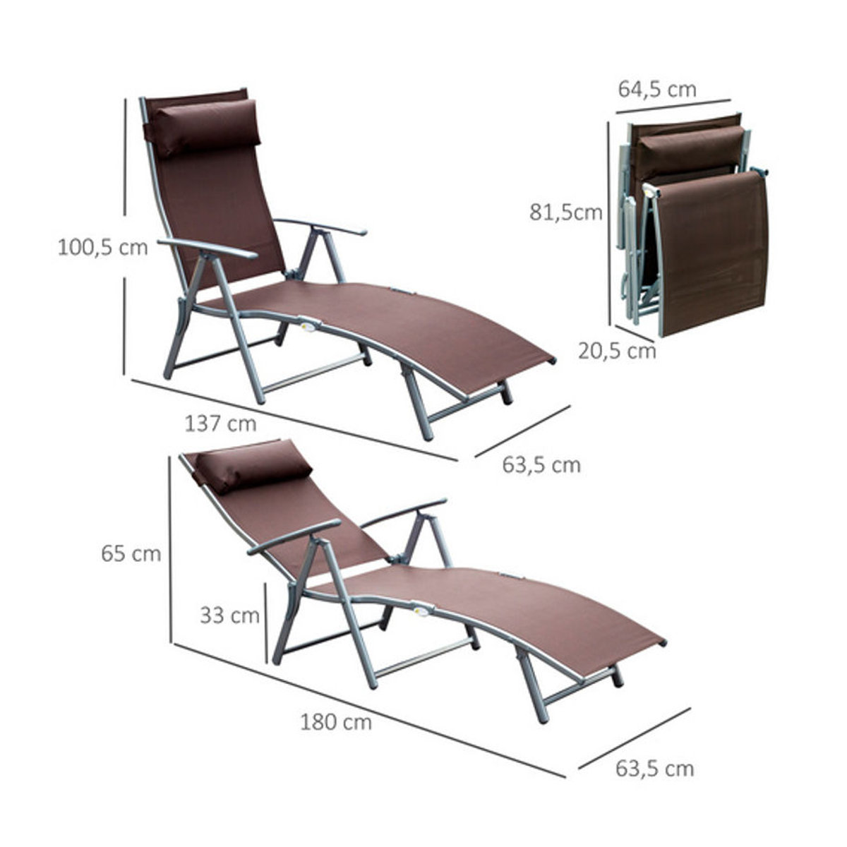 Outsunny Gartenliege aus Metall und Stoff in Braun mit Kissen, klappbare Relaxliege für Garten und Terrasse, B/H/T: 137 x 100,5 x 63,5 cm - Bild 7
