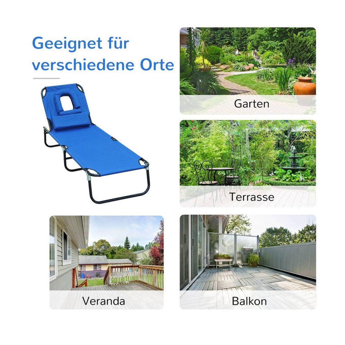 Outsunny Gartenliege Blau mit Gesichtsöffnung und verstellbarer Rückenlehne B/H/L: 56 x 28 x 190 cm - Bild 5