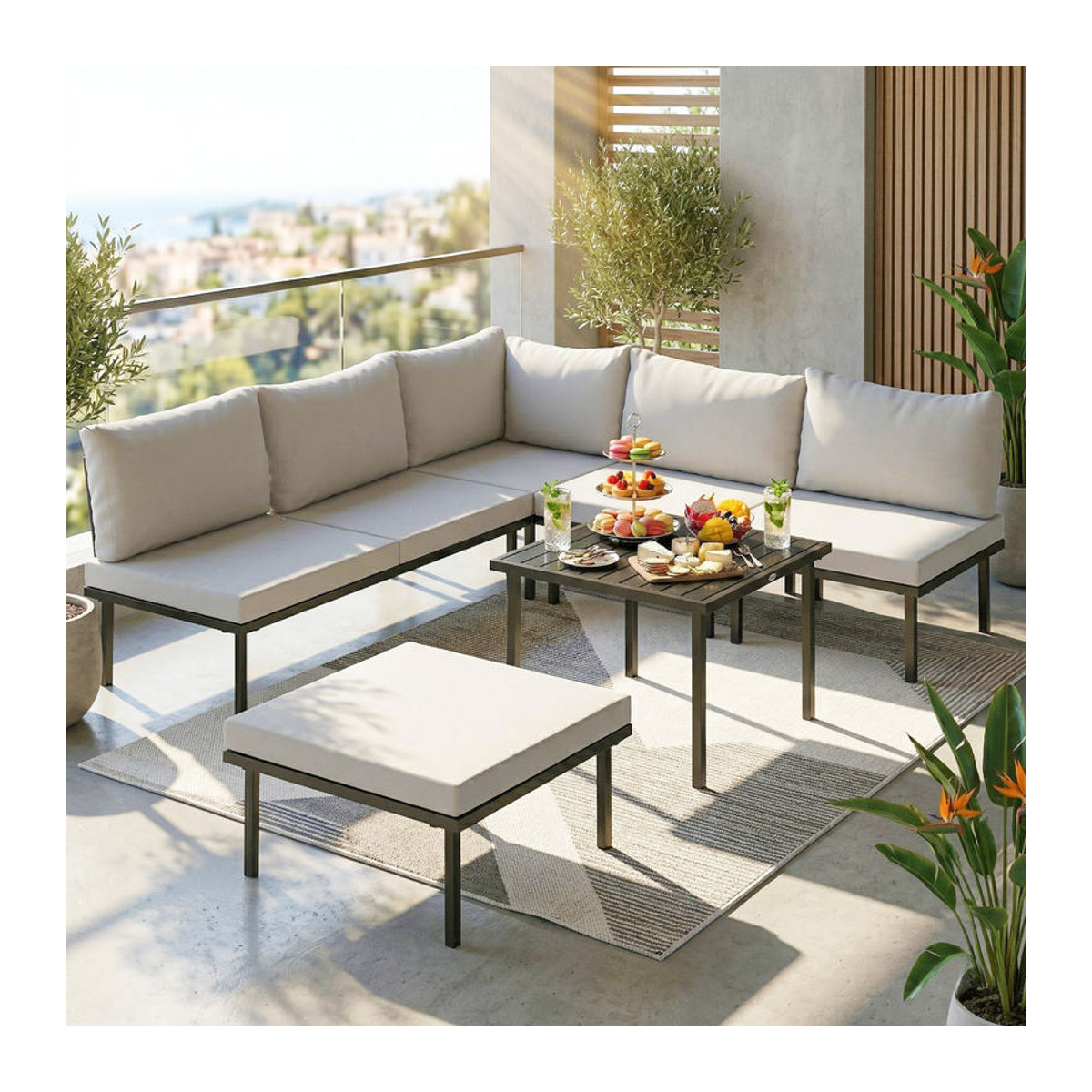 Outsunny Gartenlounge Set für 5-6 Personen mit Ecksofa, 2 Stühlen, Tisch und Fußhocker in Hellgrau von Aosom - Bild 2