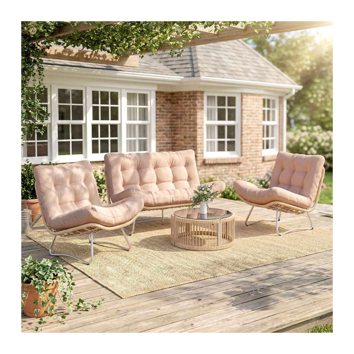 Outsunny Gartenmöbel Set 4-teilig Polyrattan Lounge-Set mit Zweisitzer, 2 Sesseln und Glastisch in Braun mit beigen Kissen für 4 Personen - Bild 2