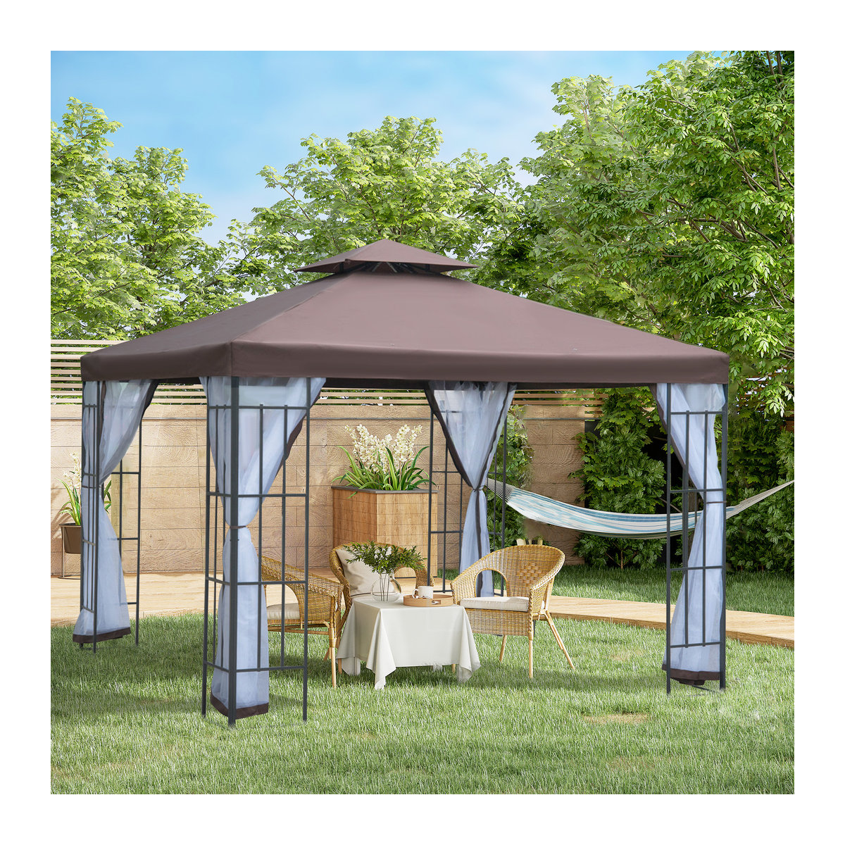 Outsunny Gartenpavillon Café Braun mit Moskitonetzen und Seitenwänden B/H/L: 300 x 270 x 300 cm - Bild 2