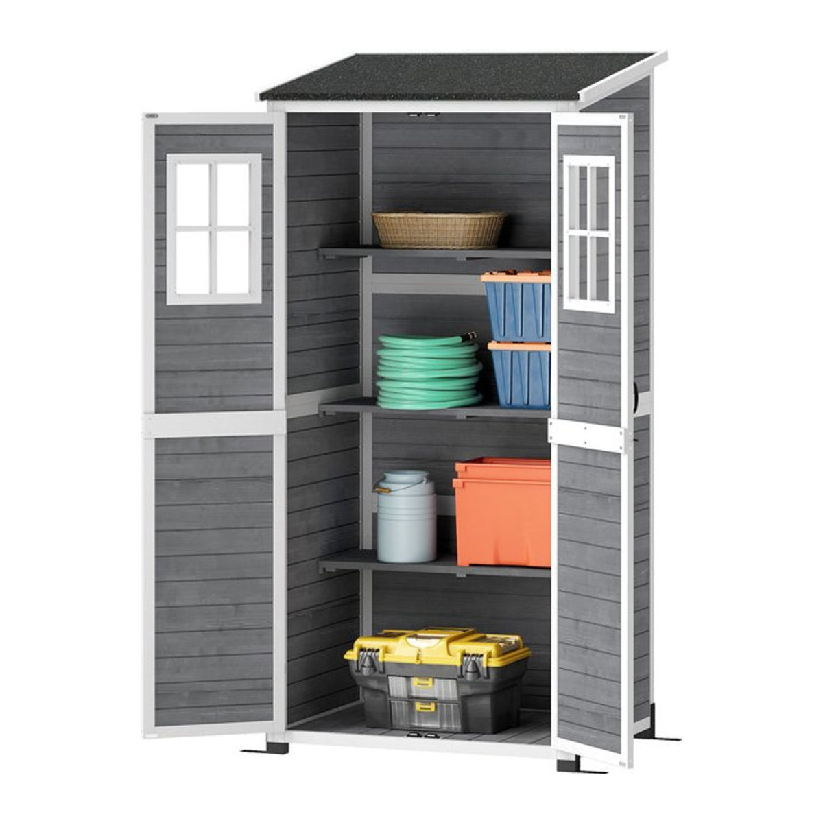 Outsunny Gartenschrank aus Holz in Grau mit Pultdach und Fenstern, wetterfester Geräteschuppen, B/T/H: 91 x 69 x 192 cm - Bild 1