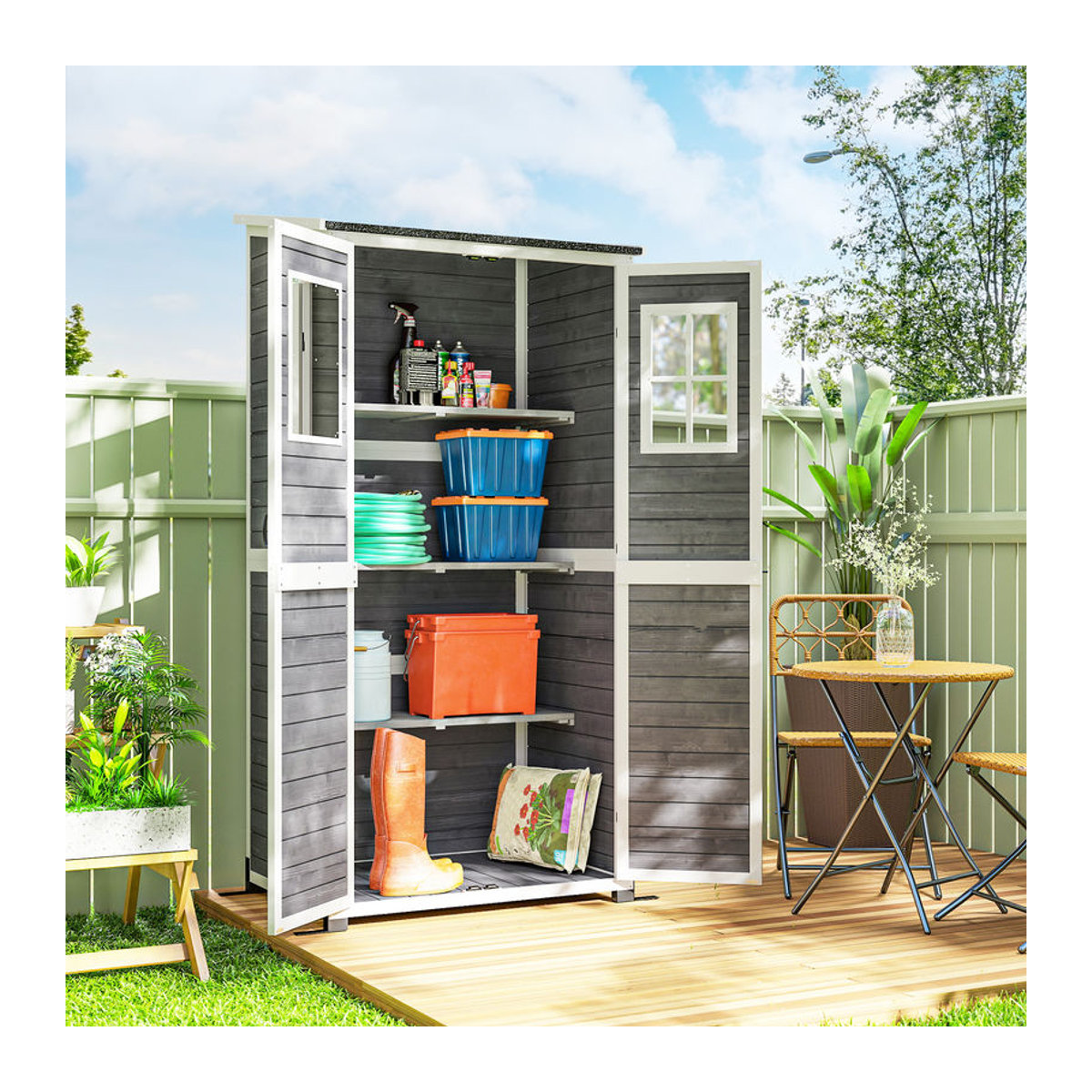 Outsunny Gartenschrank aus Holz in Grau mit Pultdach und Fenstern, wetterfester Geräteschuppen, B/T/H: 91 x 69 x 192 cm - Bild 2