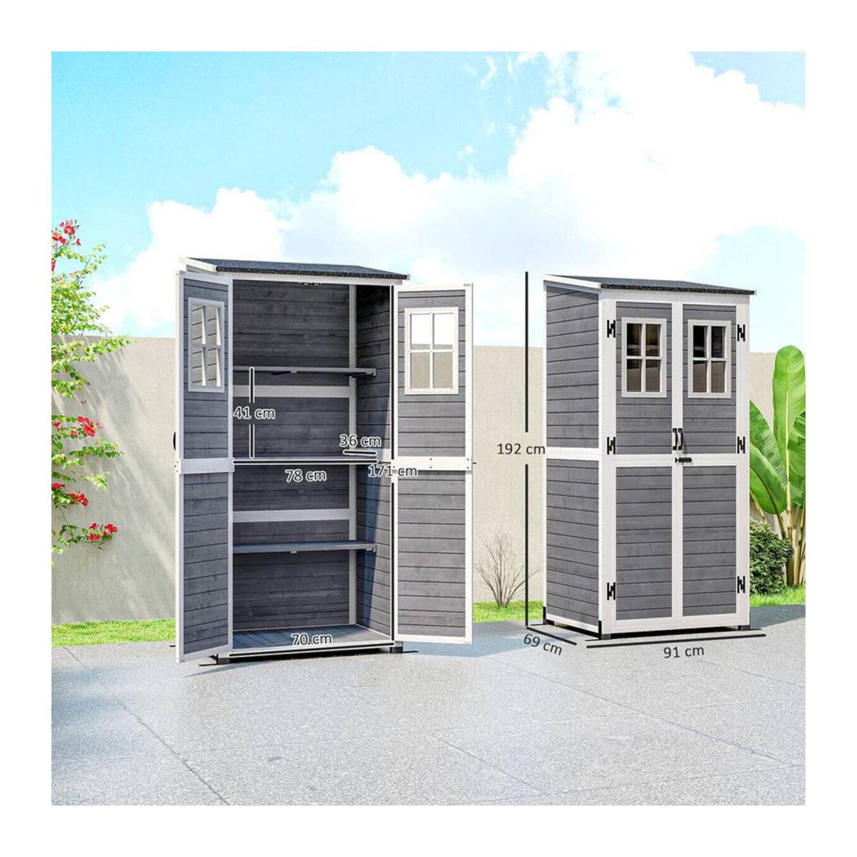 Outsunny Gartenschrank aus Holz in Grau mit Pultdach und Fenstern, wetterfester Geräteschuppen, B/T/H: 91 x 69 x 192 cm - Bild 4