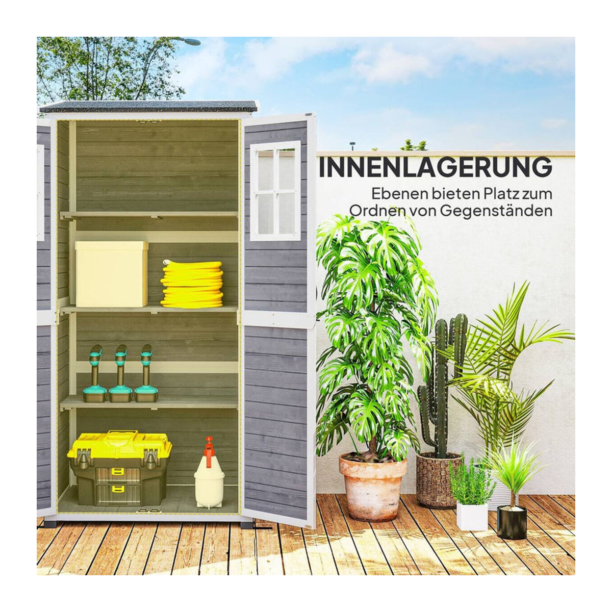 Outsunny Gartenschrank aus Holz in Grau mit Pultdach und Fenstern, wetterfester Geräteschuppen, B/T/H: 91 x 69 x 192 cm - Bild 5